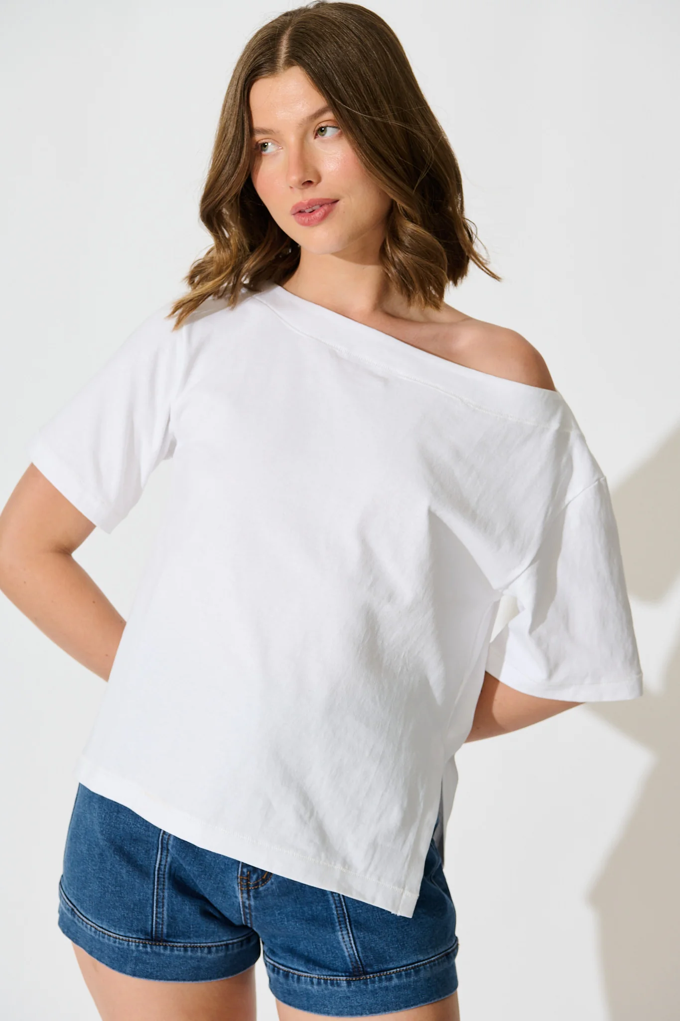 Aveda Off Shoulder T shirt in White
