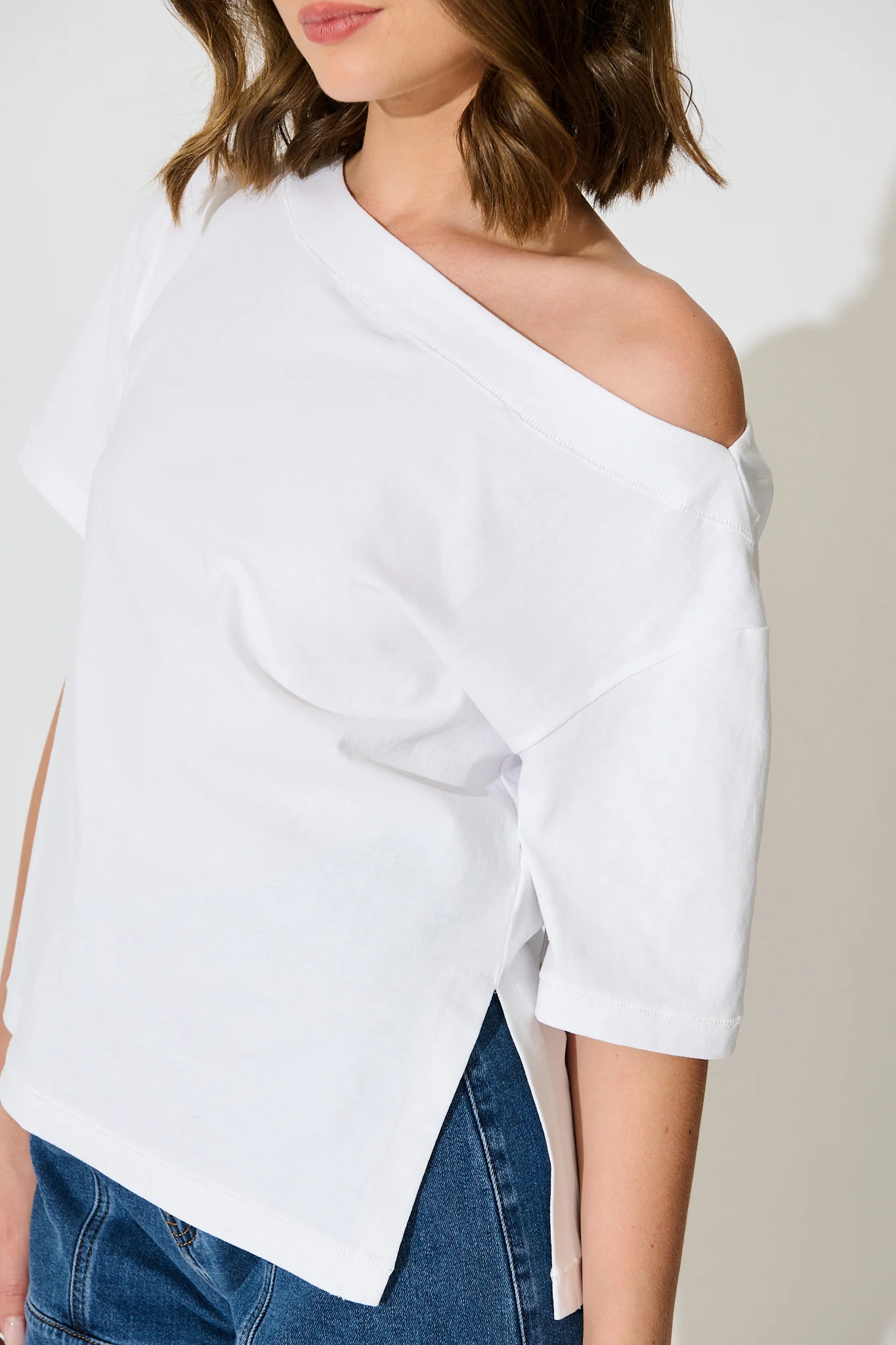 Aveda Off Shoulder T shirt in White - Image 6