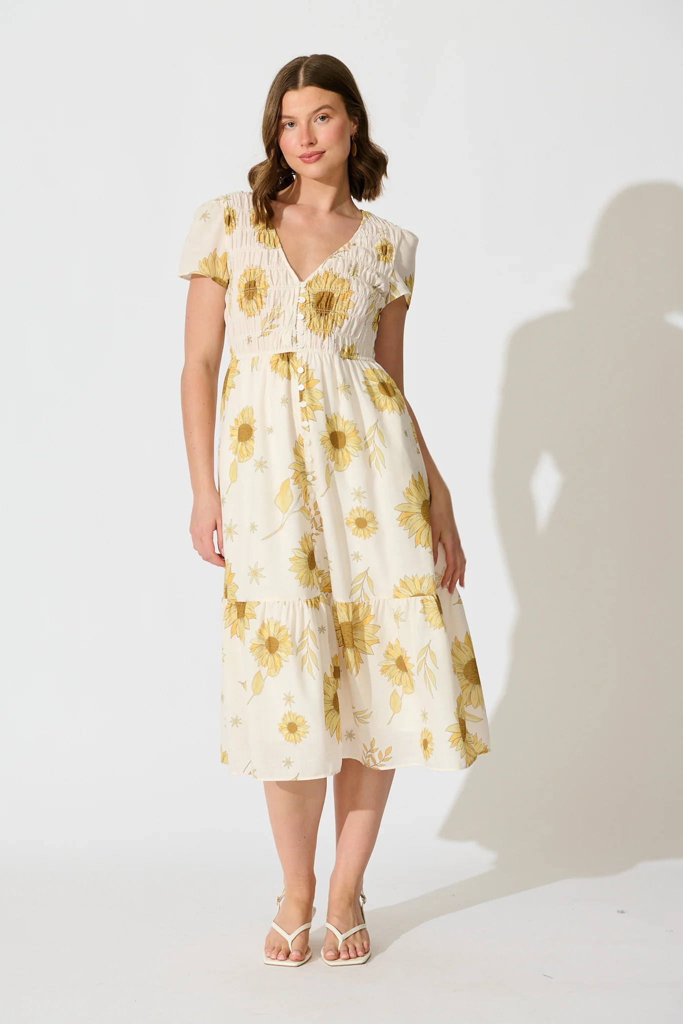 Aventine Midi Dress in Cream with Yellow Linen Blend