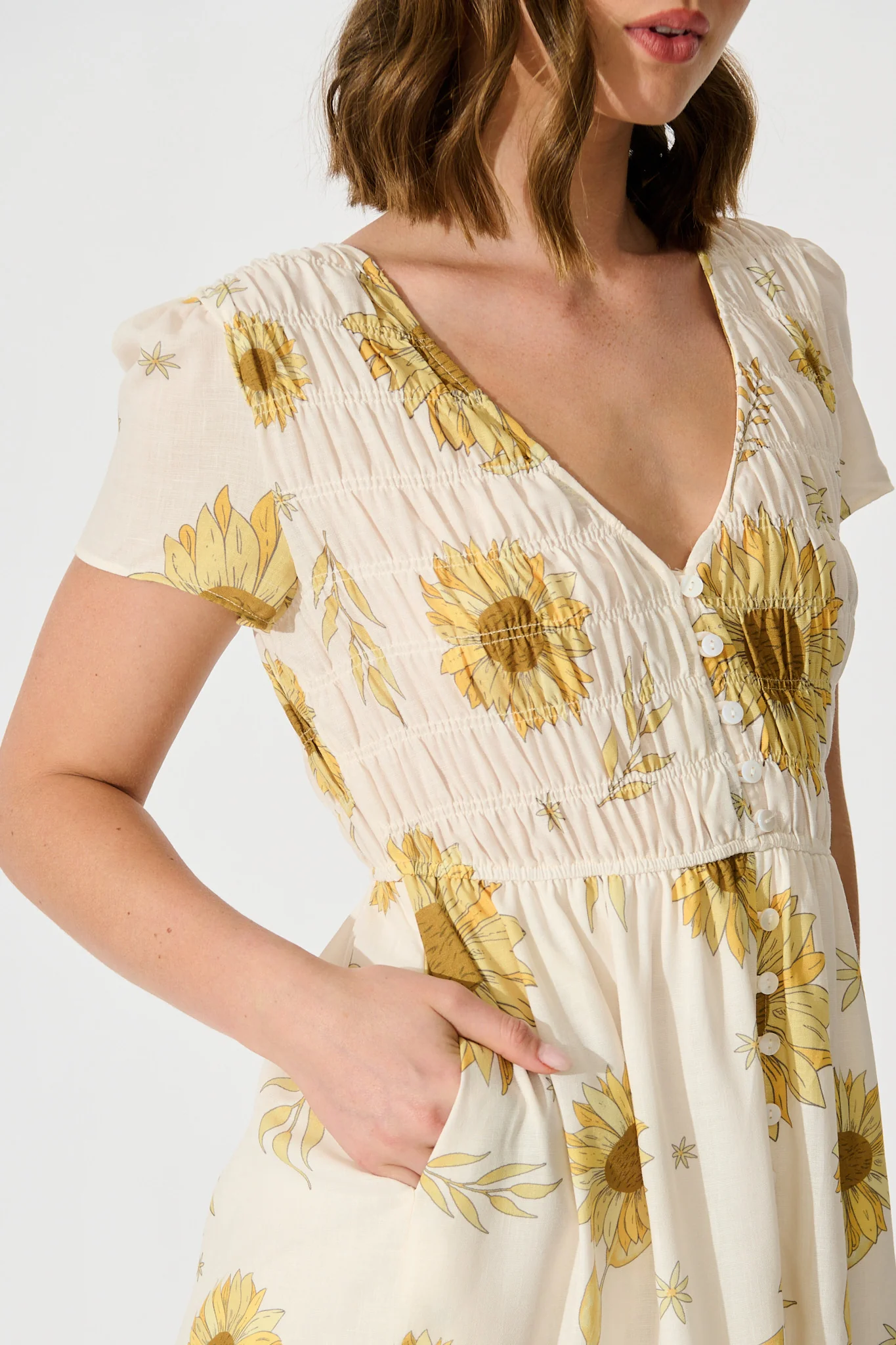 Aventine Midi Dress in Cream with Yellow Linen Blend - Image 5