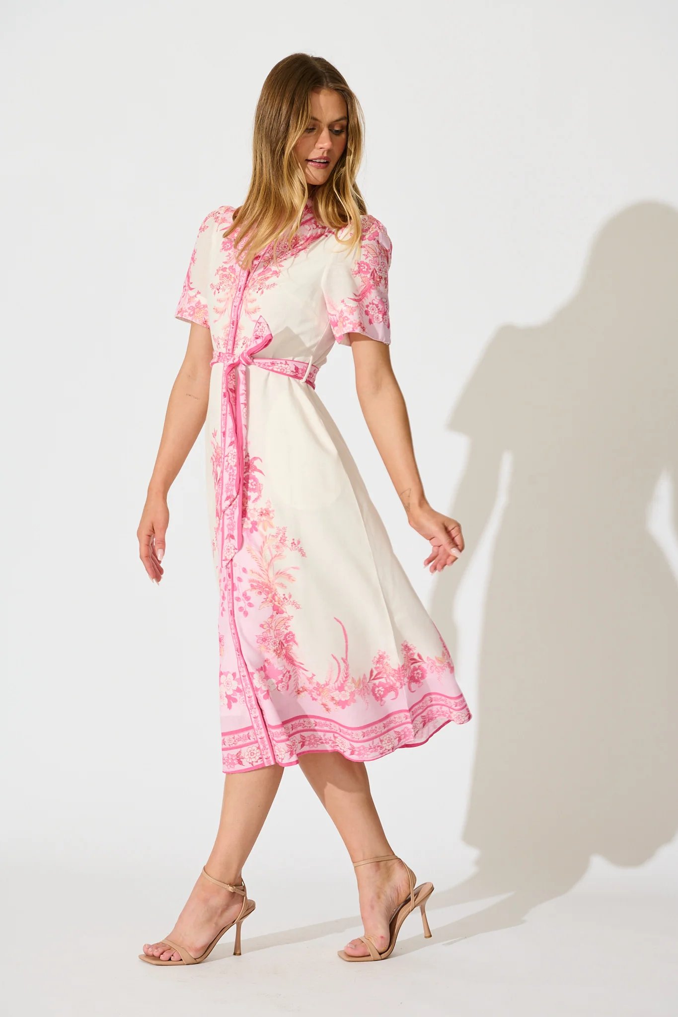 Aveta Midi Shirt Dress in Cream with Pink Floral Linen Blend - Image 3