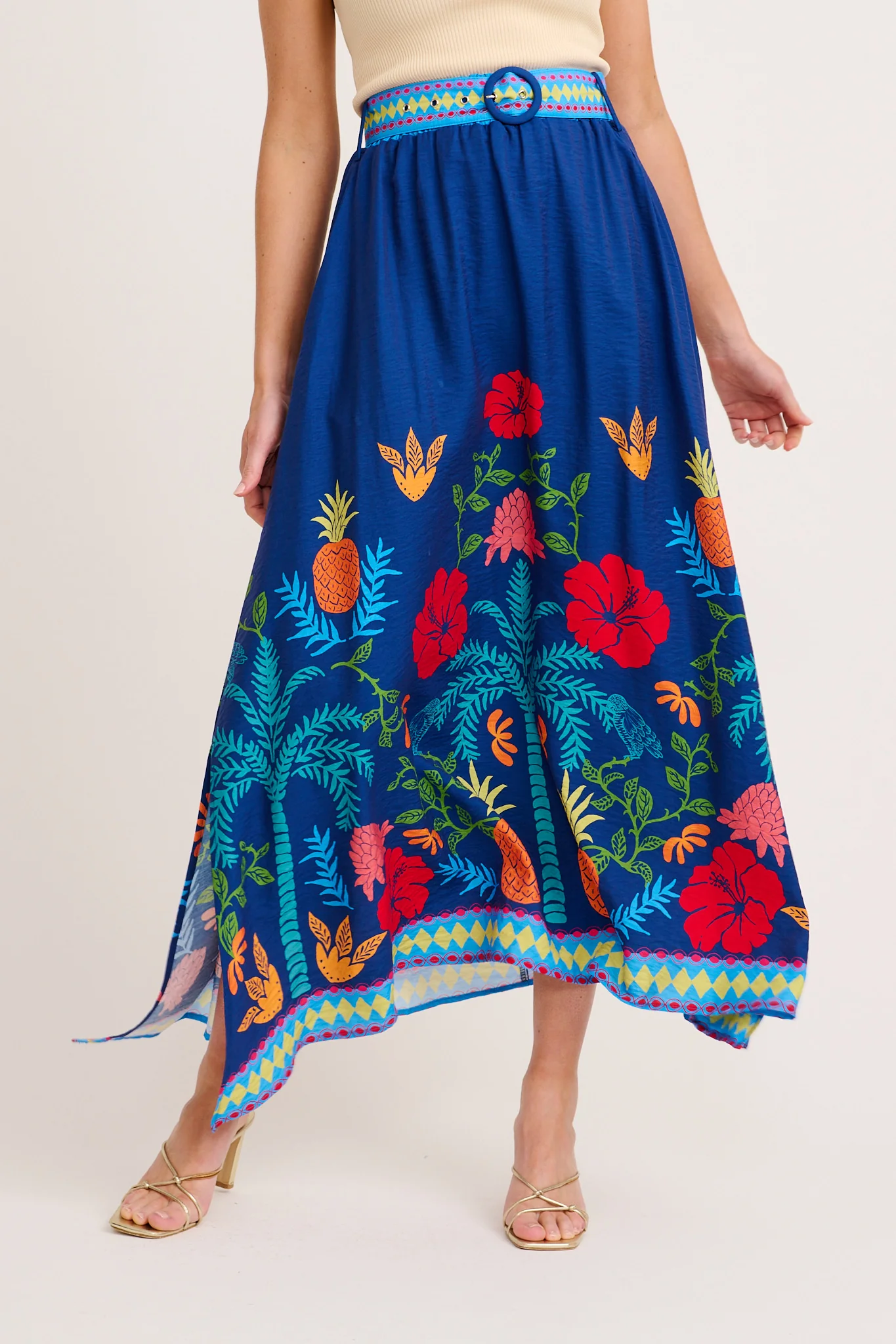 Avi Maxi Skirt in Navy Multi Tropical Linen Blend