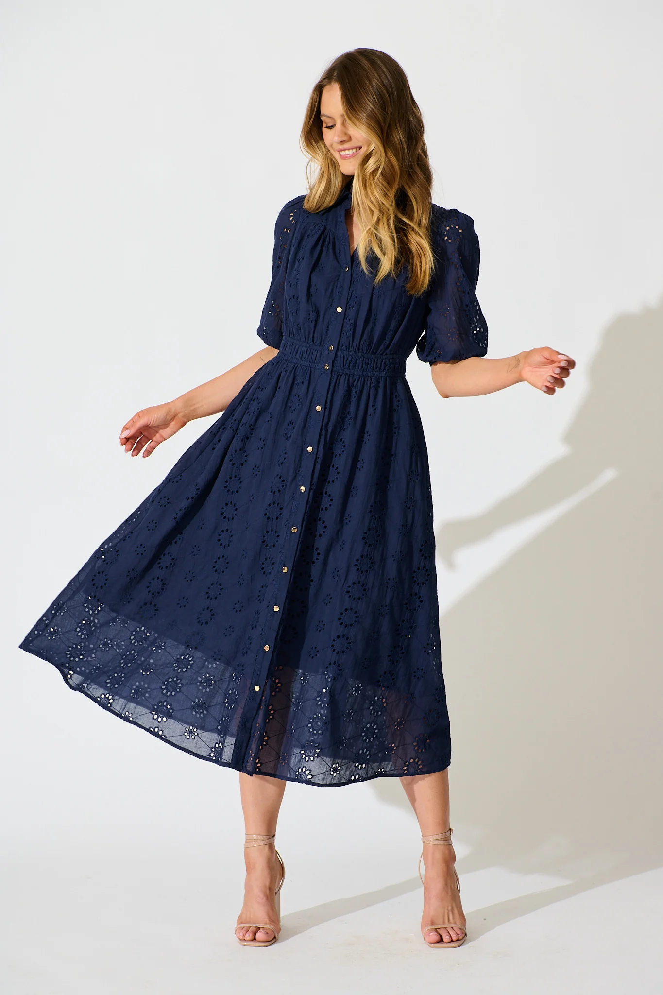 Ayla Midi Shirt Dress In Navy Embroidered Cotton
