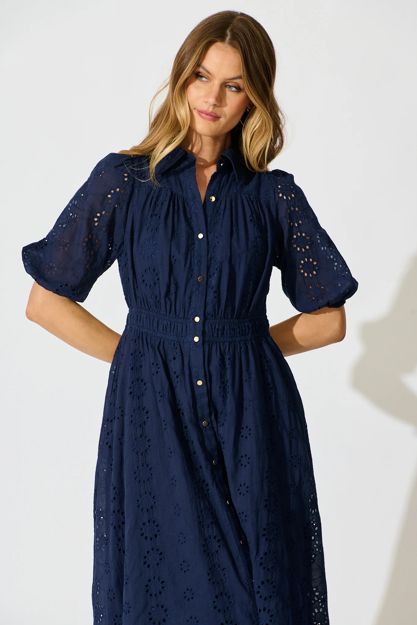 Ayla Midi Shirt Dress In Navy Embroidered Cotton - Image 2