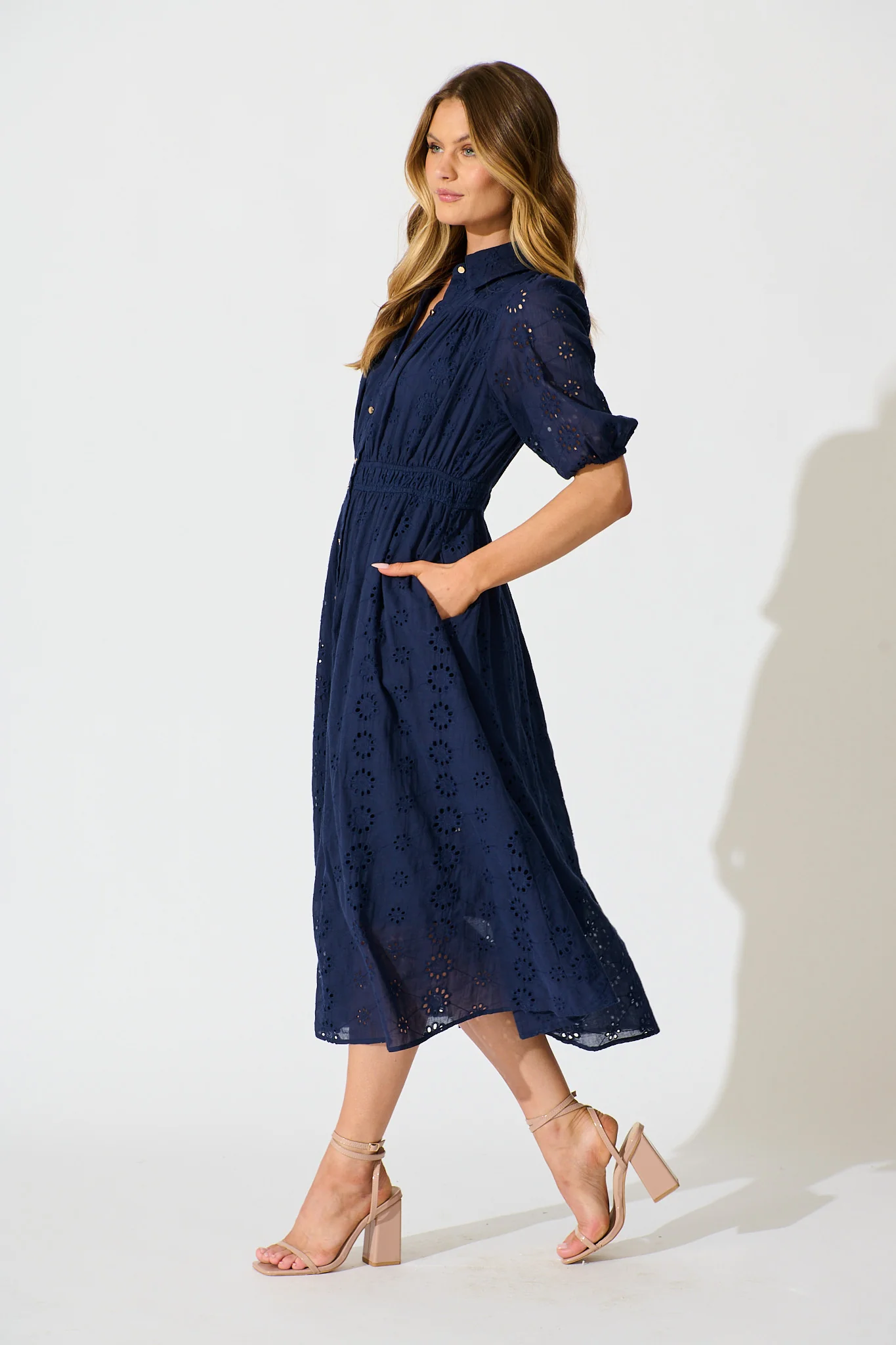 Ayla Midi Shirt Dress In Navy Embroidered Cotton - Image 3