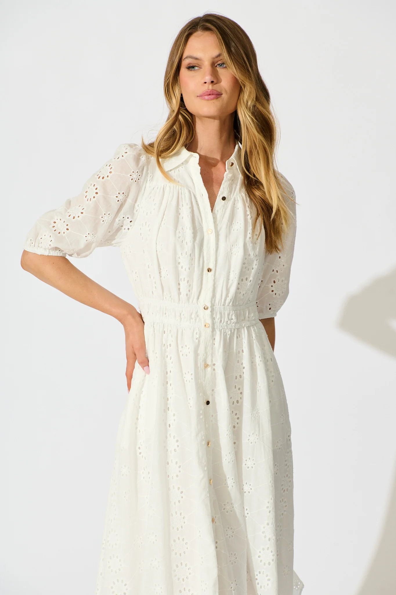 Ayla Midi Shirt Dress In White Embroidered Cotton - Image 2