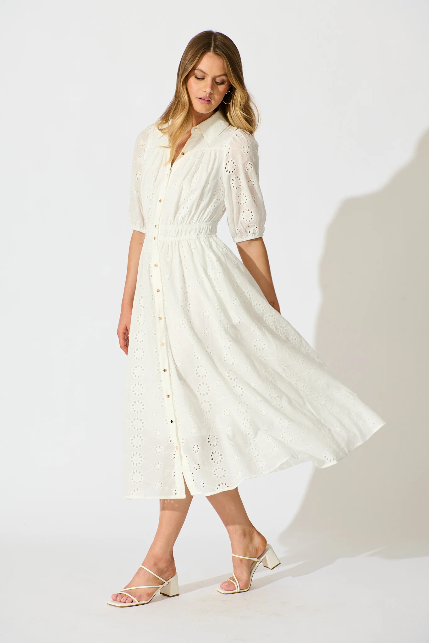 Ayla Midi Shirt Dress In White Embroidered Cotton - Image 3