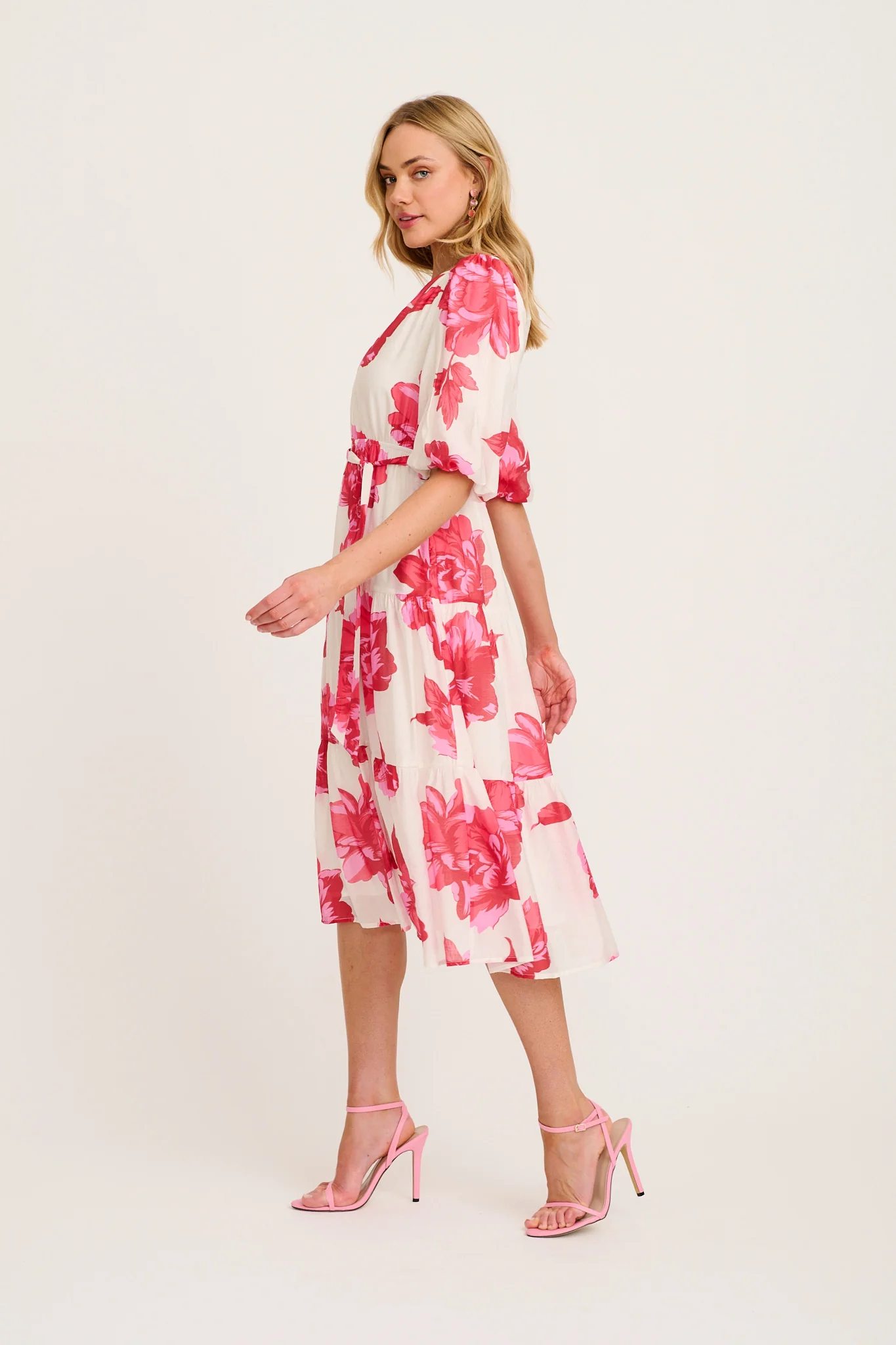 Baldwin Midi Dress in White with Pink and Red Floral - Image 3