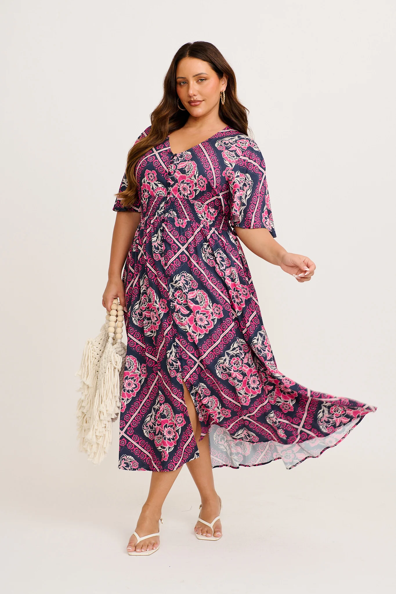 Beatrice Maxi Dress in Navy with Pink Floral Tiles Print