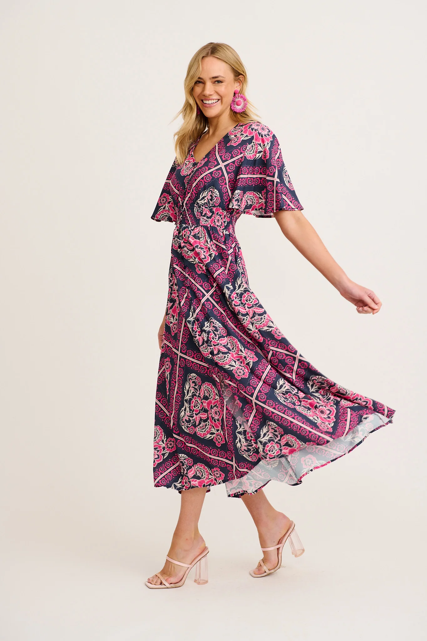 Beatrice Maxi Dress in Navy with Pink Floral Tiles Print - Image 4