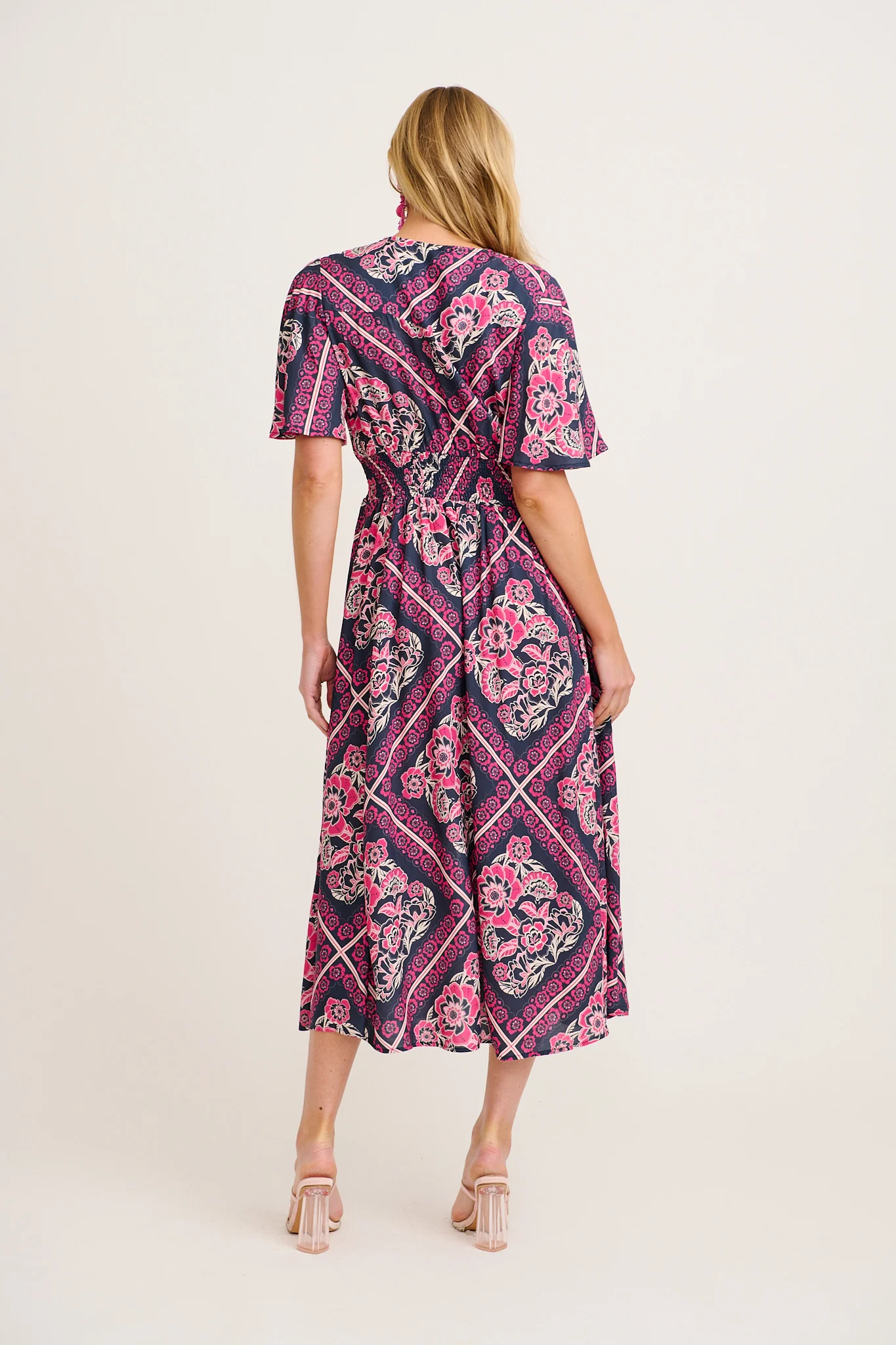 Beatrice Maxi Dress in Navy with Pink Floral Tiles Print - Image 5
