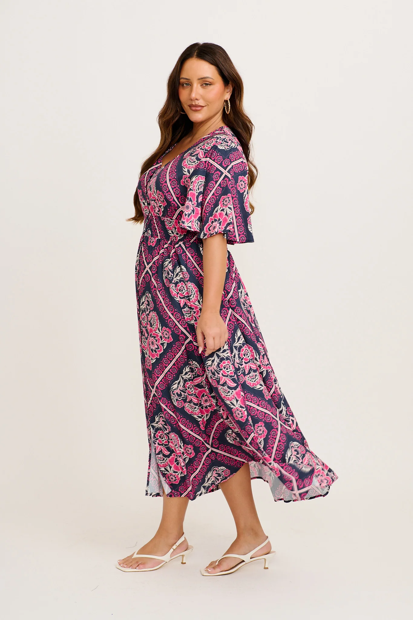Beatrice Maxi Dress in Navy with Pink Floral Tiles Print - Image 8