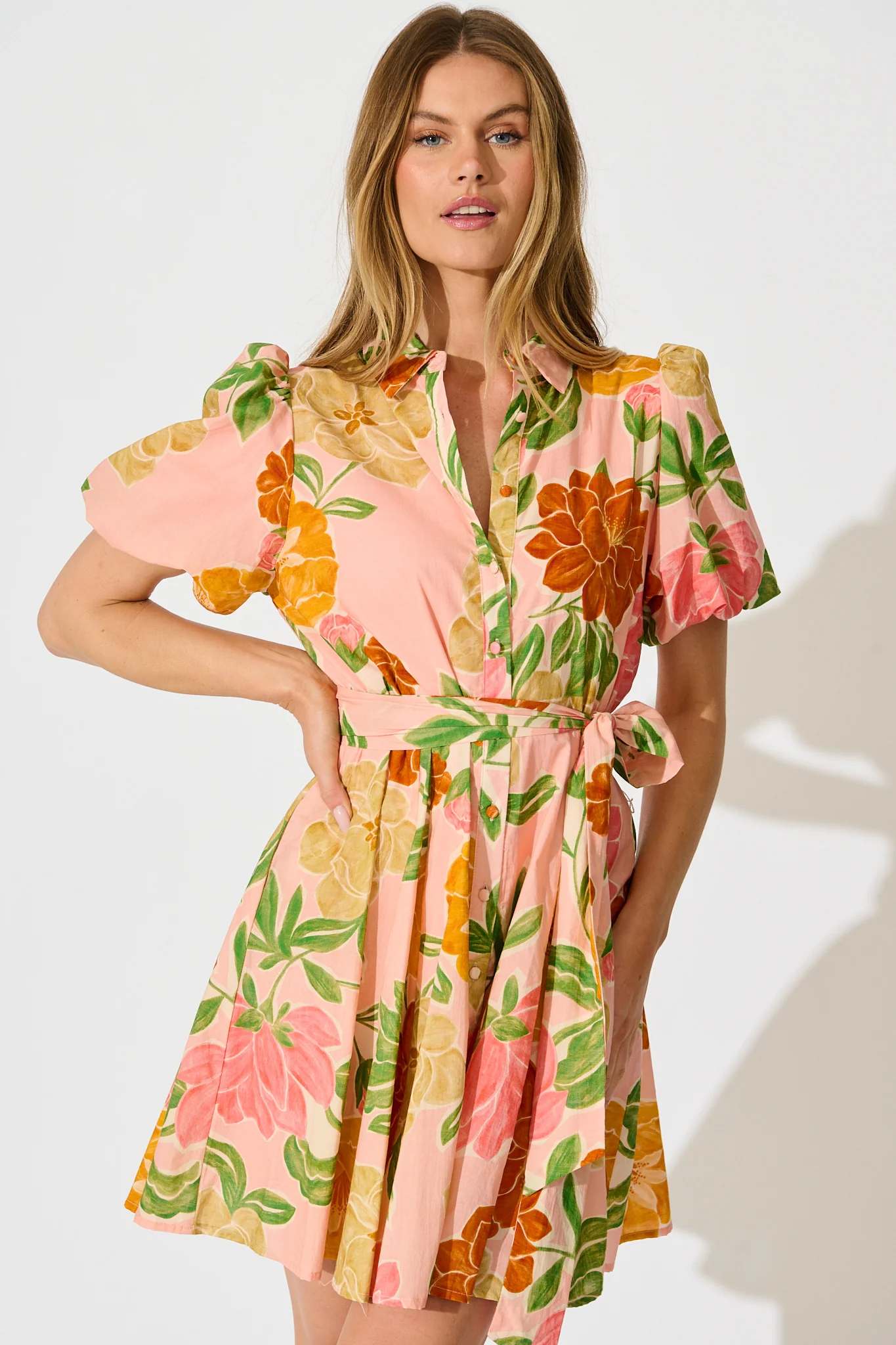 Beck Shirt Dress in Peach Floral Cotton - Image 2