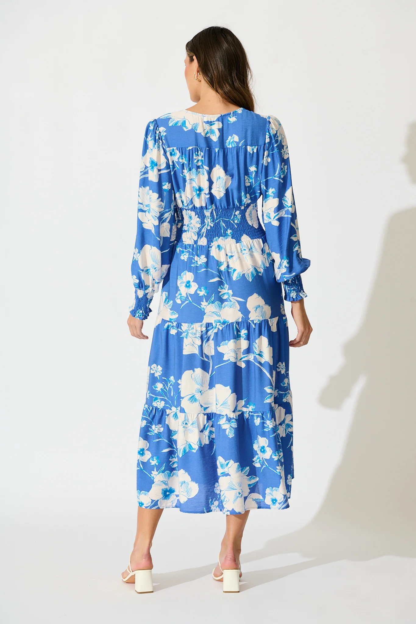 Belize Midi Dress in Blue with White Floral Linen Blend - Image 3