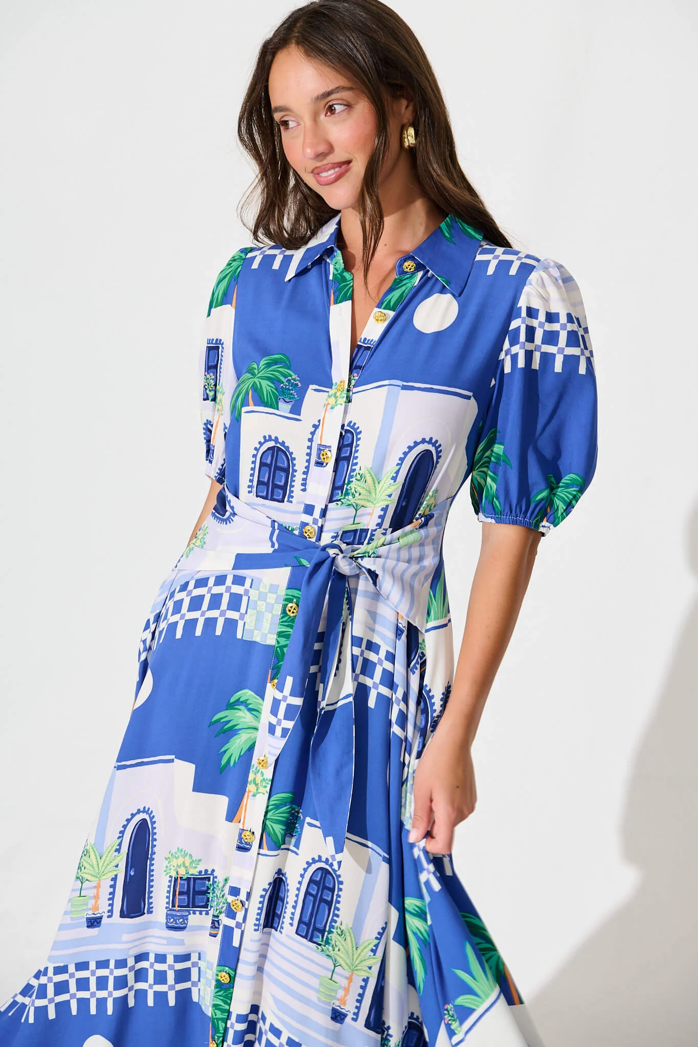 Bella Maxi Shirt Dress in Blue with White Print - Image 2
