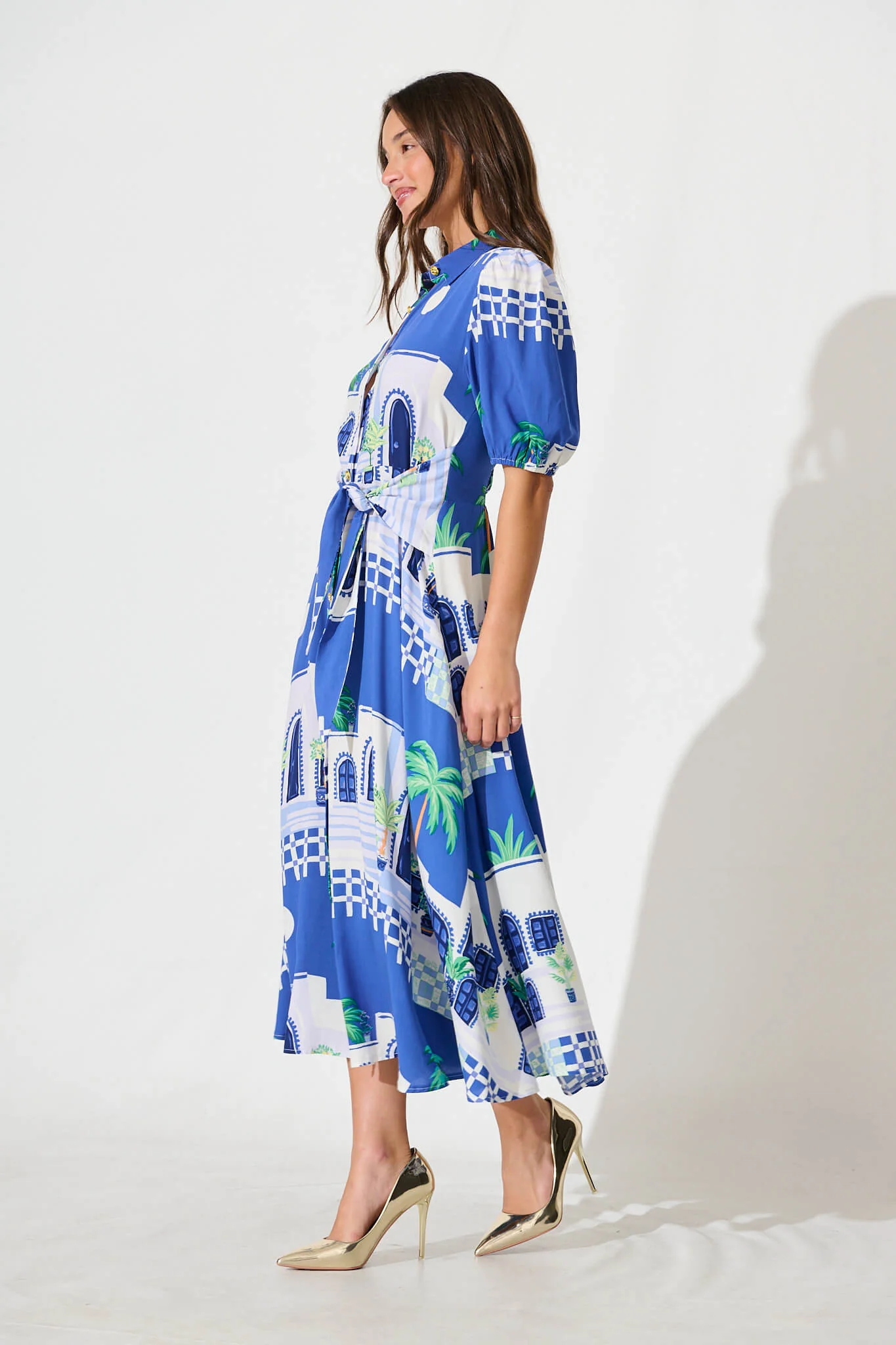 Bella Maxi Shirt Dress in Blue with White Print - Image 3