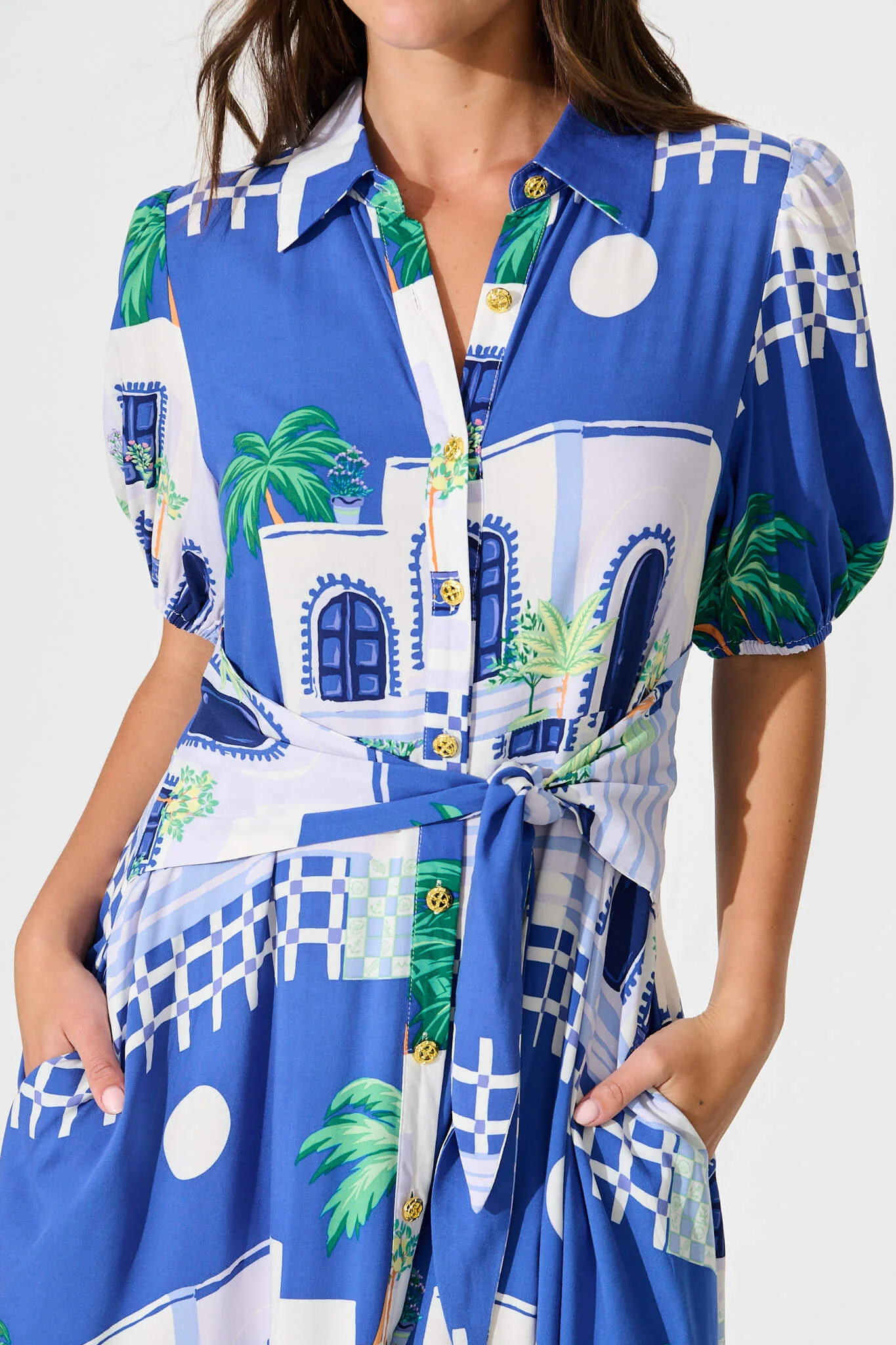 Bella Maxi Shirt Dress in Blue with White Print - Image 5