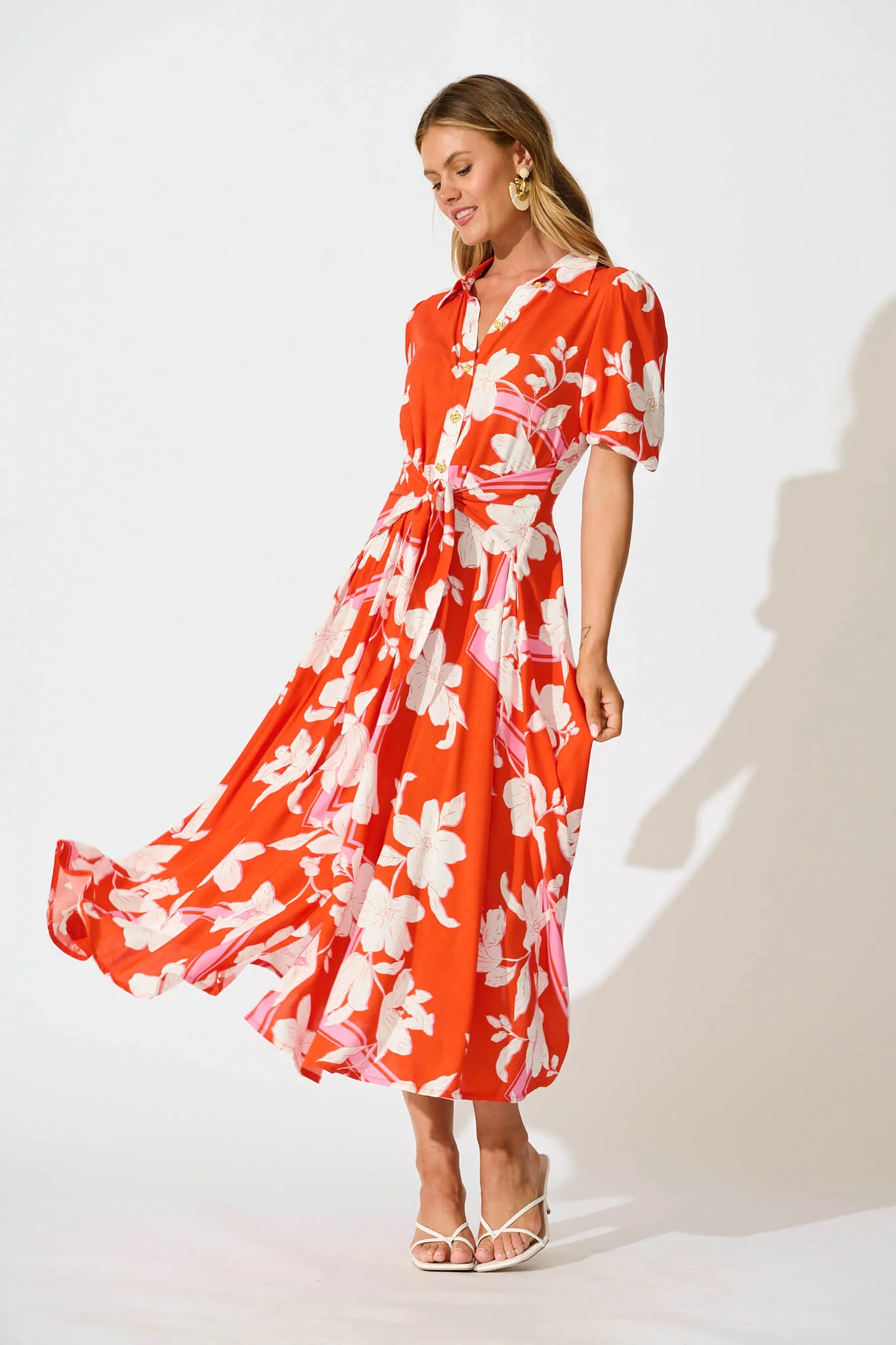 Bella Maxi Shirt Dress in Tangerine with White Floral - Image 2