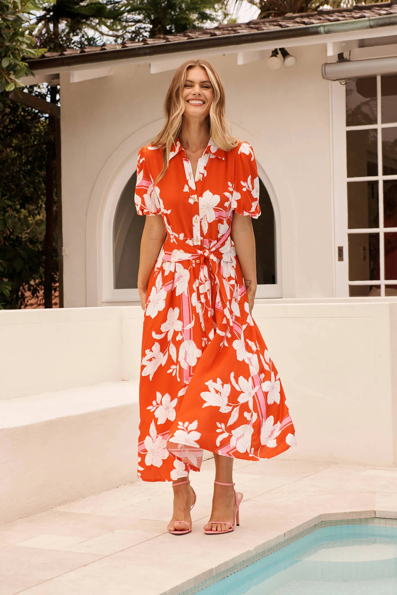 Bella Maxi Shirt Dress in Tangerine with White Floral - Image 5