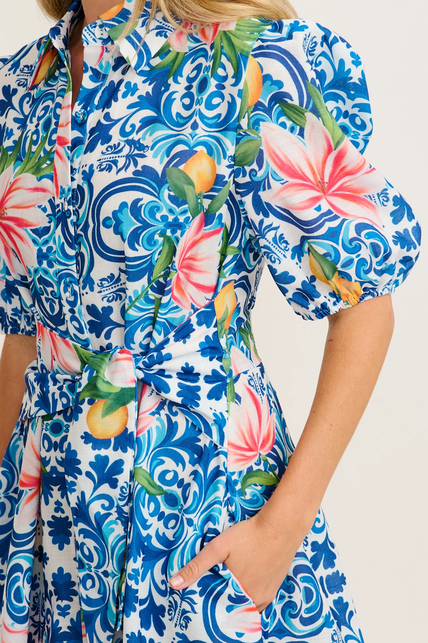 Belle Maxi Shirt Dress in Blue Multi Tiles Print Linen Blend - Image 5
