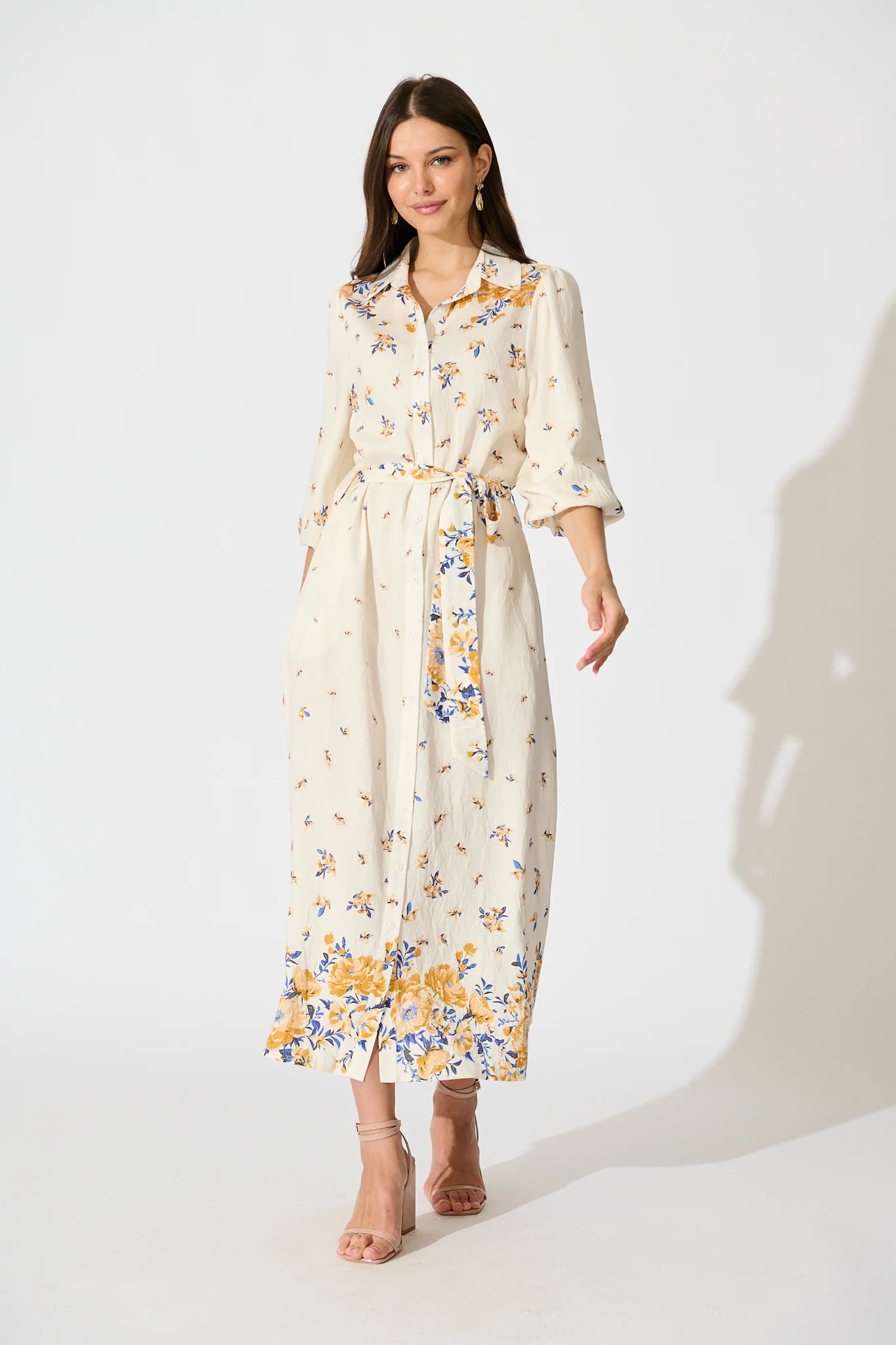 Bellie Maxi Shirt Dress in Cream with Blue and Yellow Linen Blend