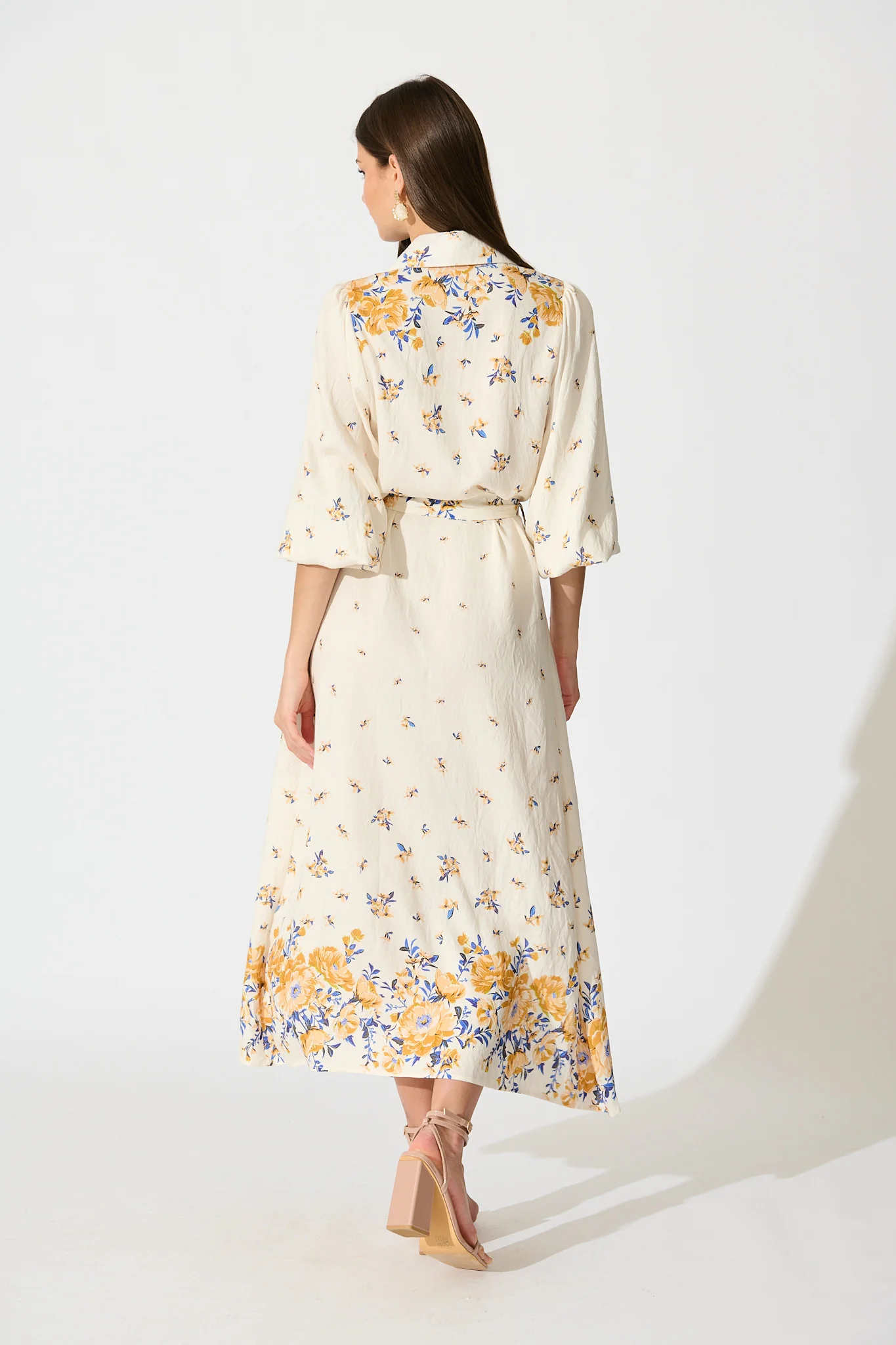 Bellie Maxi Shirt Dress in Cream with Blue and Yellow Linen Blend - Image 4