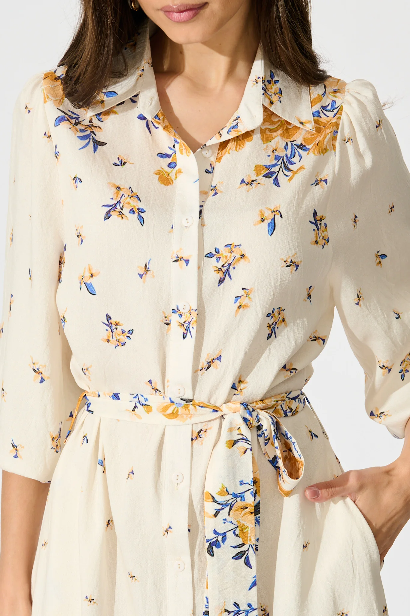 Bellie Maxi Shirt Dress in Cream with Blue and Yellow Linen Blend - Image 5