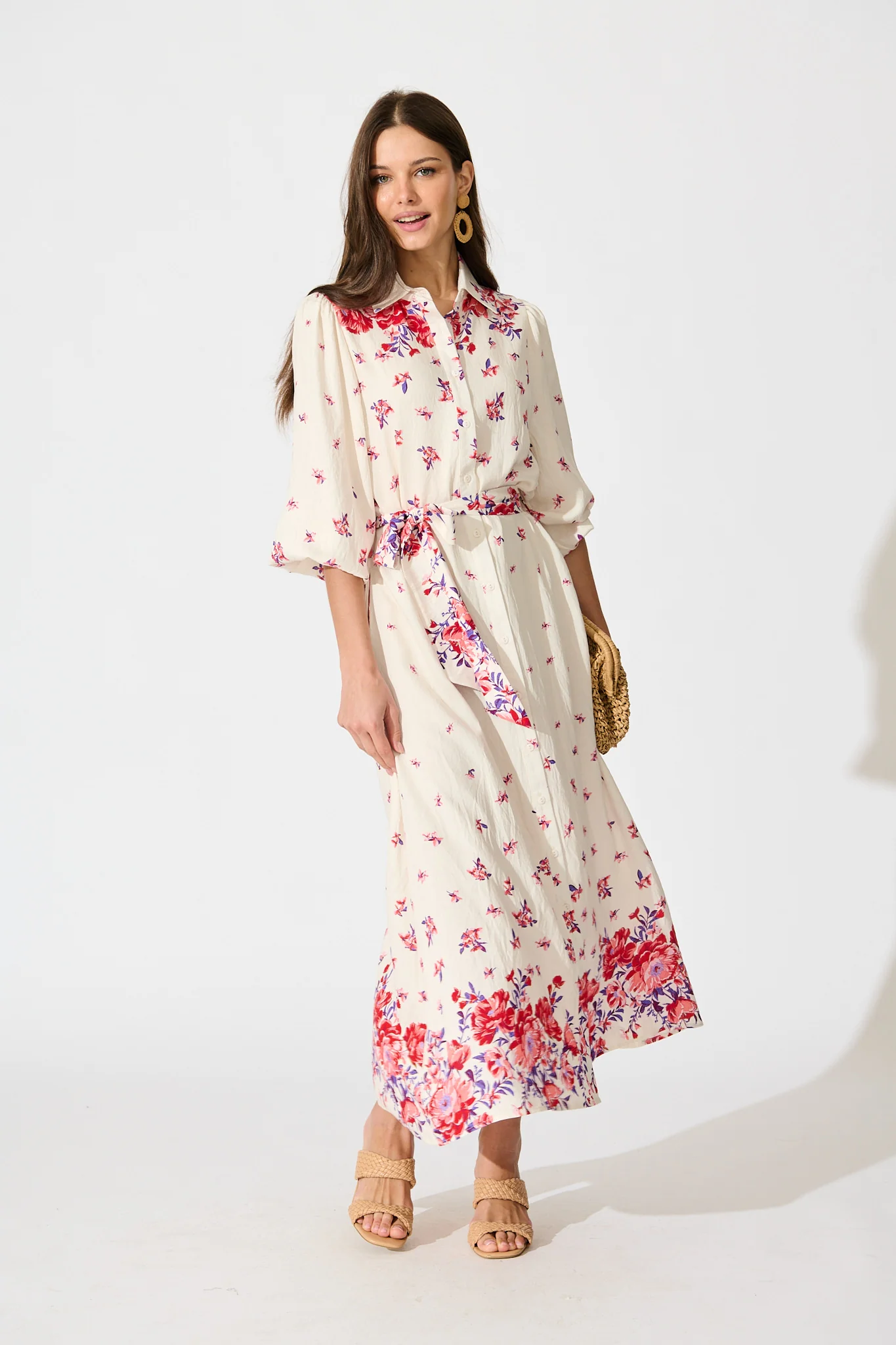 Bellie Maxi Shirt Dress in Cream with Red and Purple Linen Blend