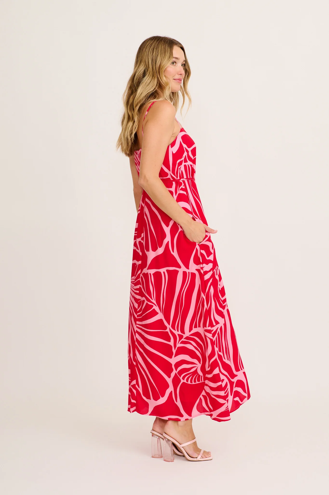 Bellona Maxi Sundress in Red with Pink Print - Image 3