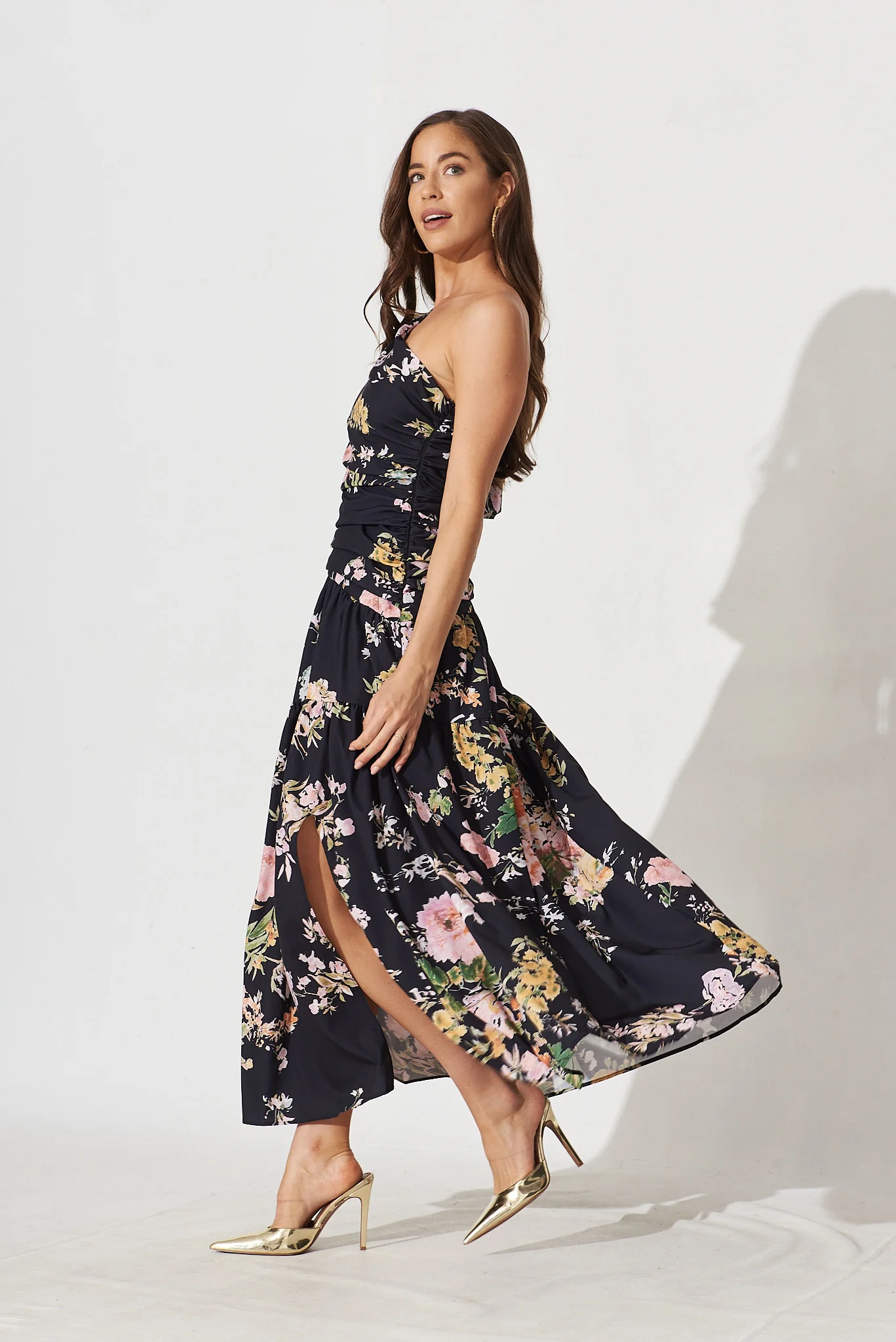 Berlyn One Shoulder Maxi Dress in Black With Pink Floral - Image 3