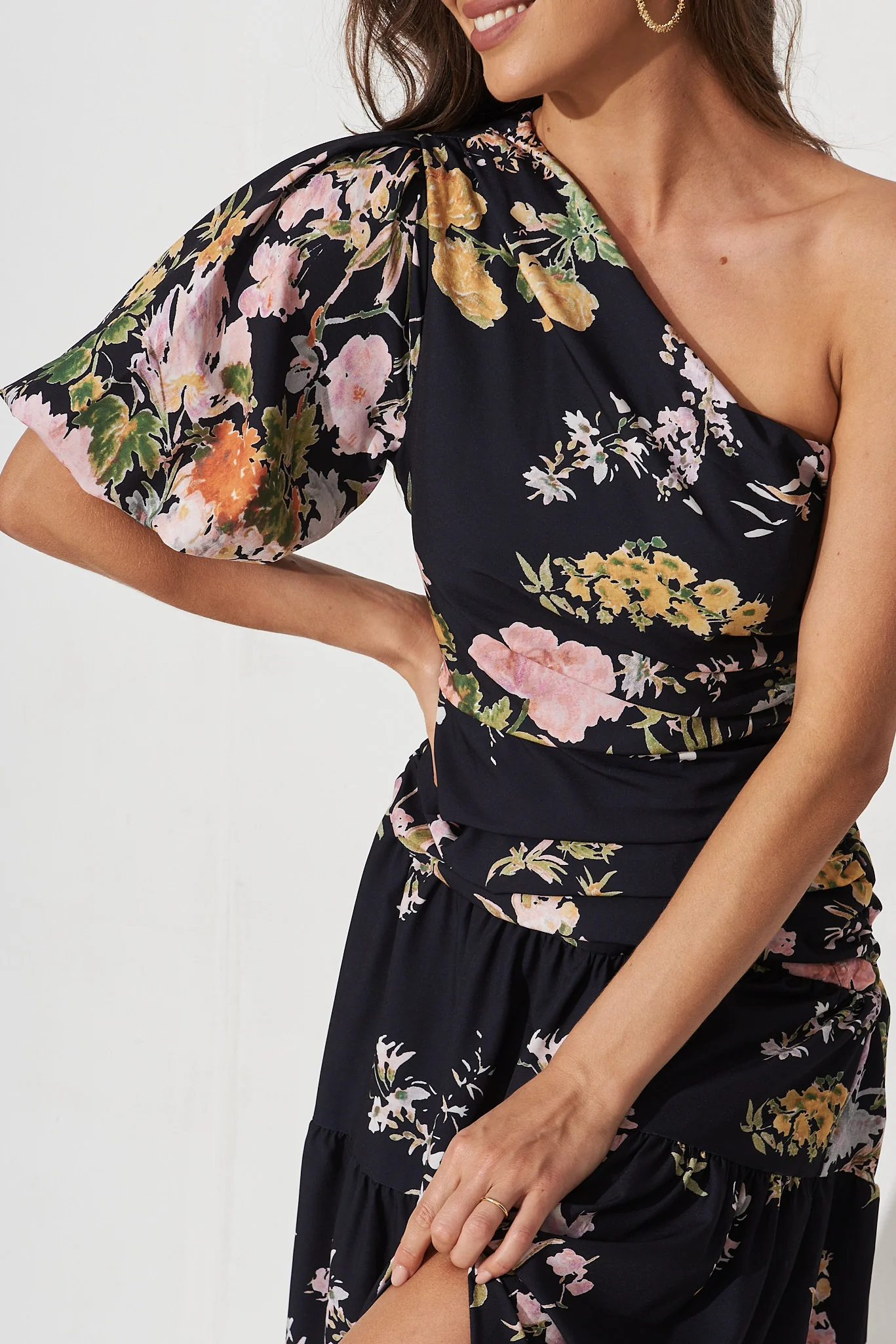 Berlyn One Shoulder Maxi Dress in Black With Pink Floral - Image 4
