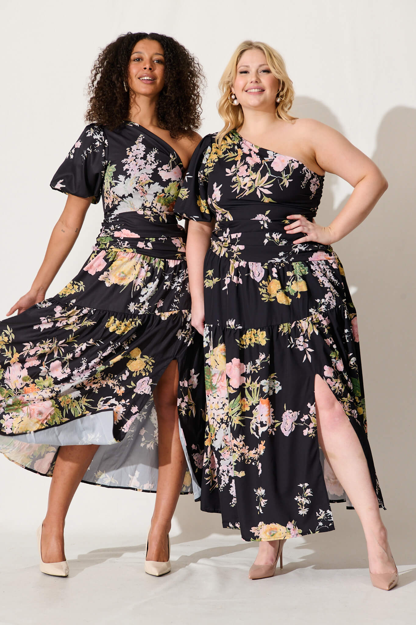 Berlyn One Shoulder Maxi Dress in Black With Pink Floral - Image 6