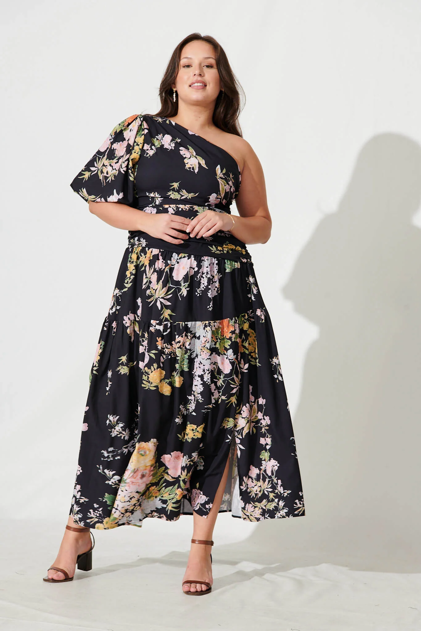 Berlyn One Shoulder Maxi Dress in Black With Pink Floral - Image 7