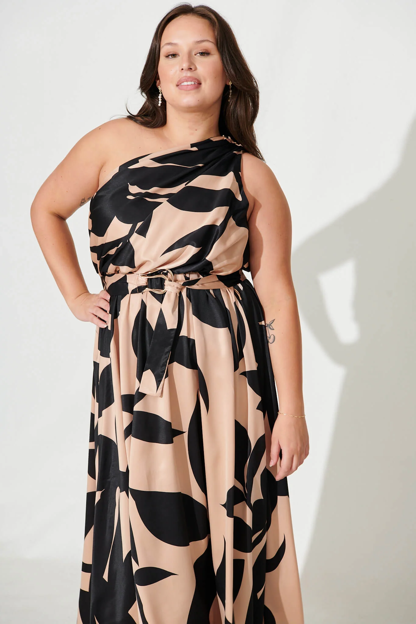 Bernadette One Shoulder Midi Dress In Brown With Black Print Satin - Image 6