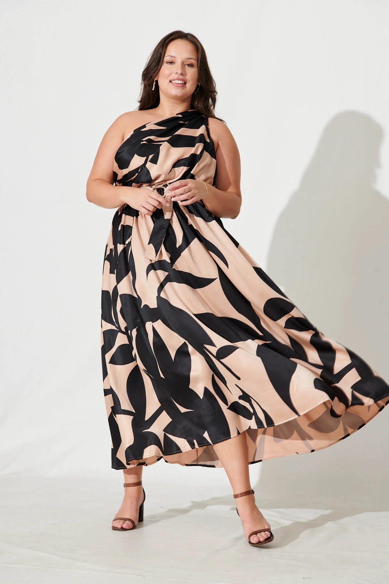 Bernadette One Shoulder Midi Dress In Brown With Black Print Satin - Image 8