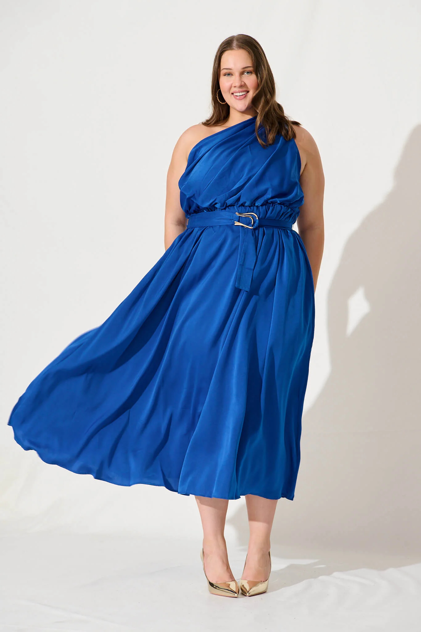 Bernadette One Shoulder Midi Dress In Cobalt Satin - Image 2