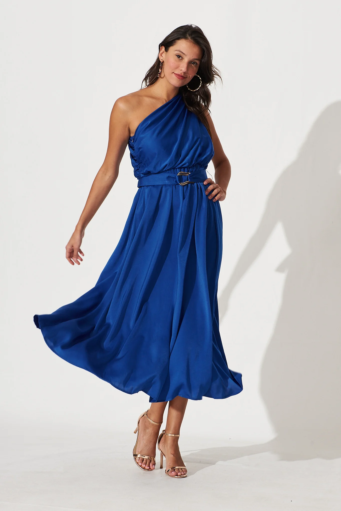 Bernadette One Shoulder Midi Dress In Cobalt Satin - Image 4