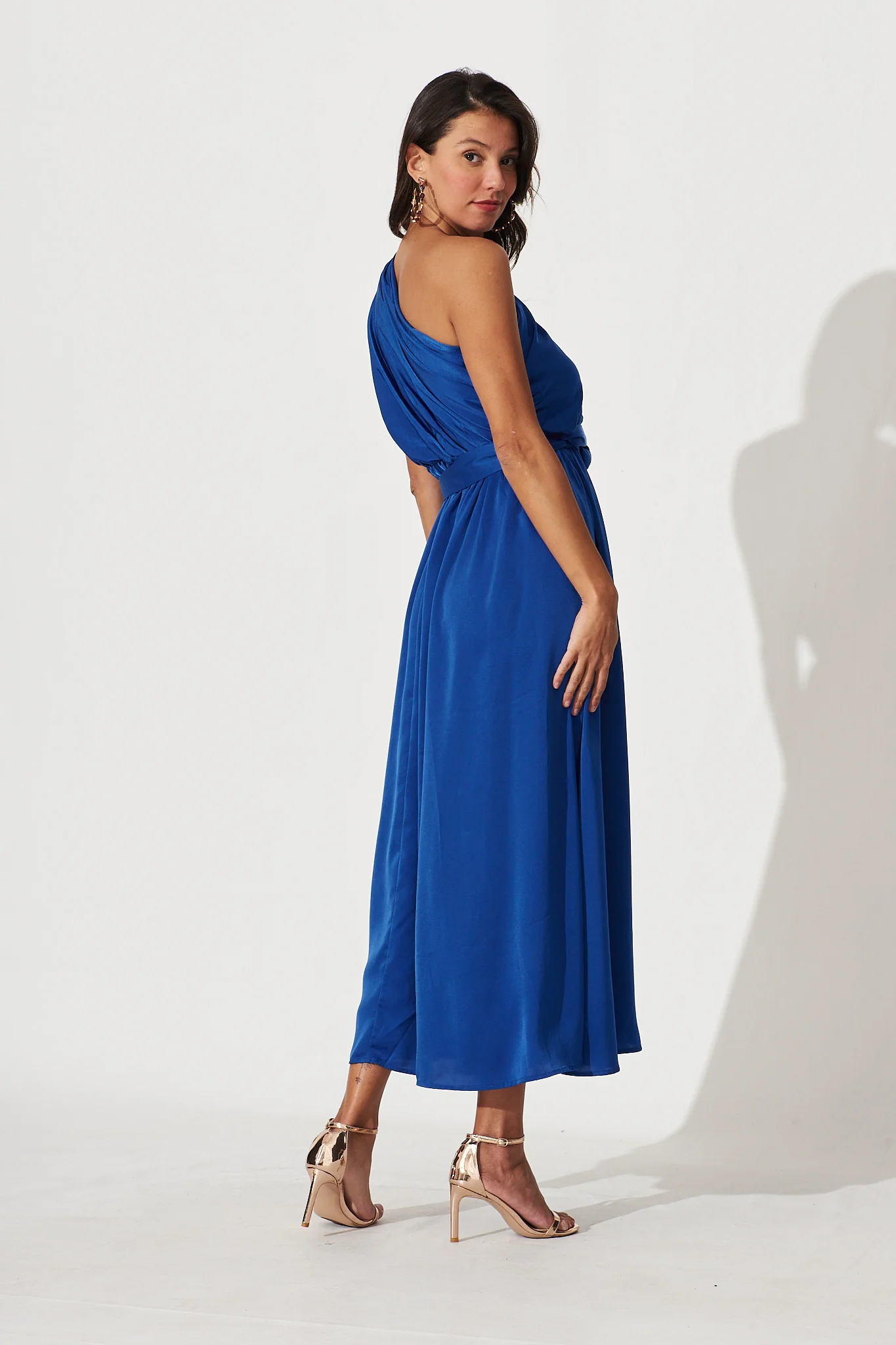 Bernadette One Shoulder Midi Dress In Cobalt Satin - Image 6
