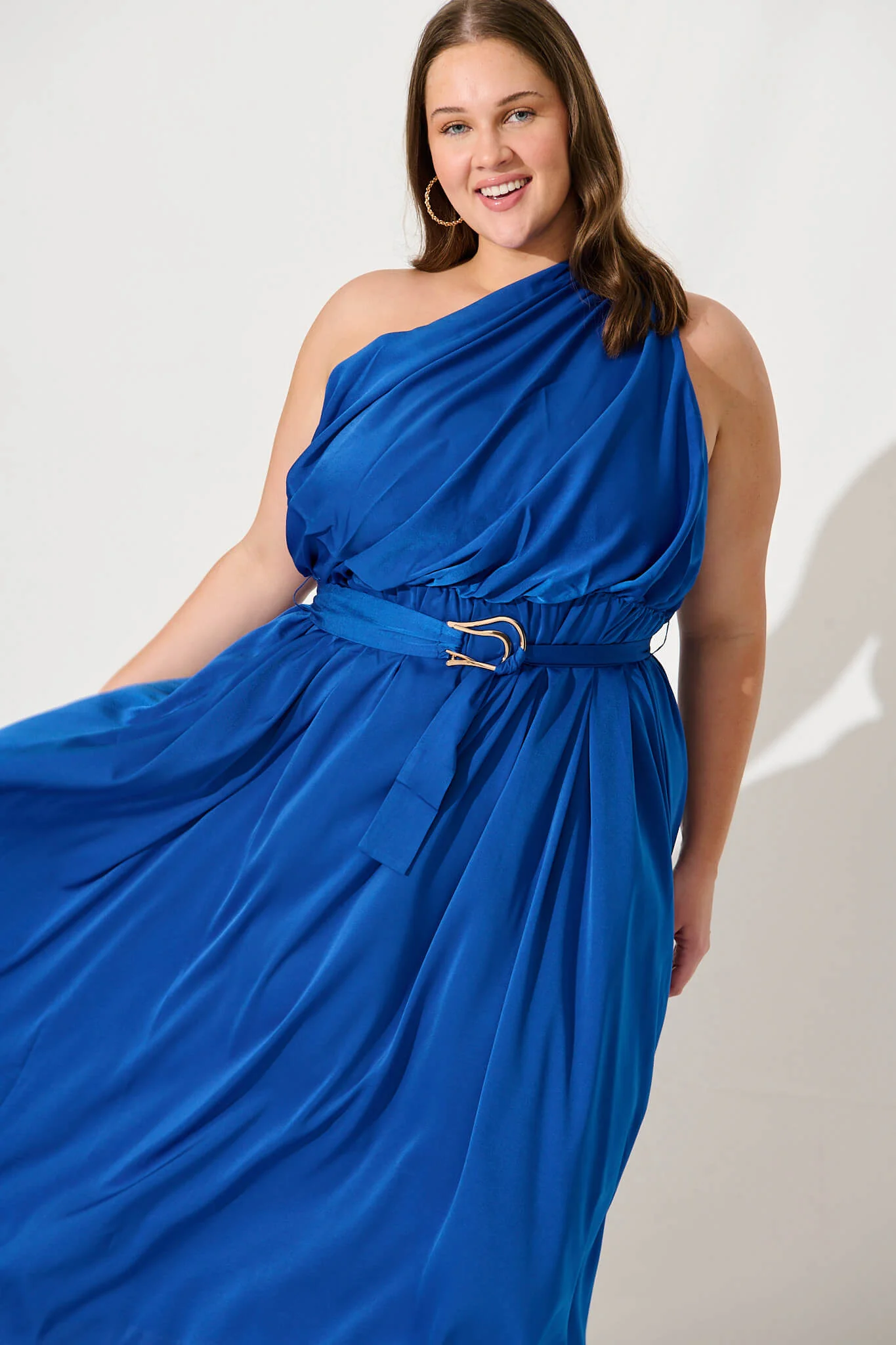 Bernadette One Shoulder Midi Dress In Cobalt Satin - Image 7