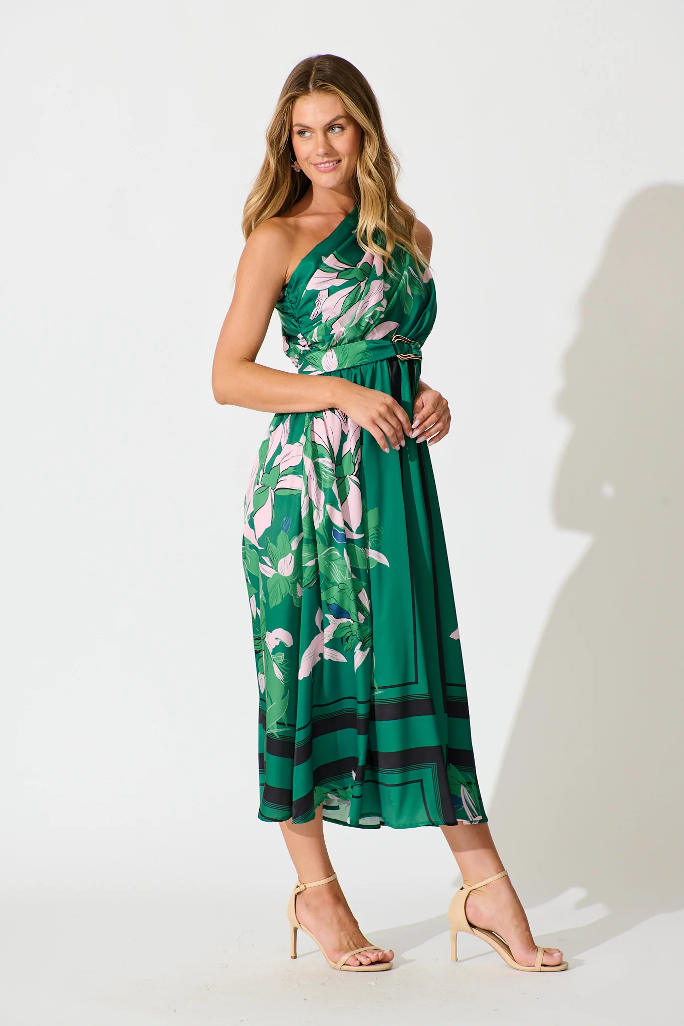 Bernadette One Shoulder Midi Dress In Emerald Print Satin - Image 4