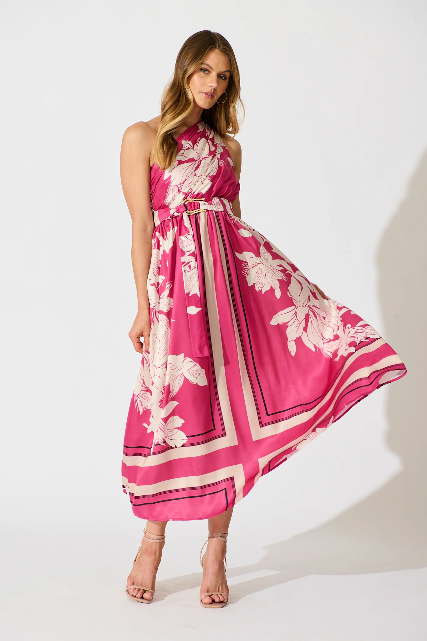 Bernadette One Shoulder Midi Dress in Magenta Floral Satin - Image 3