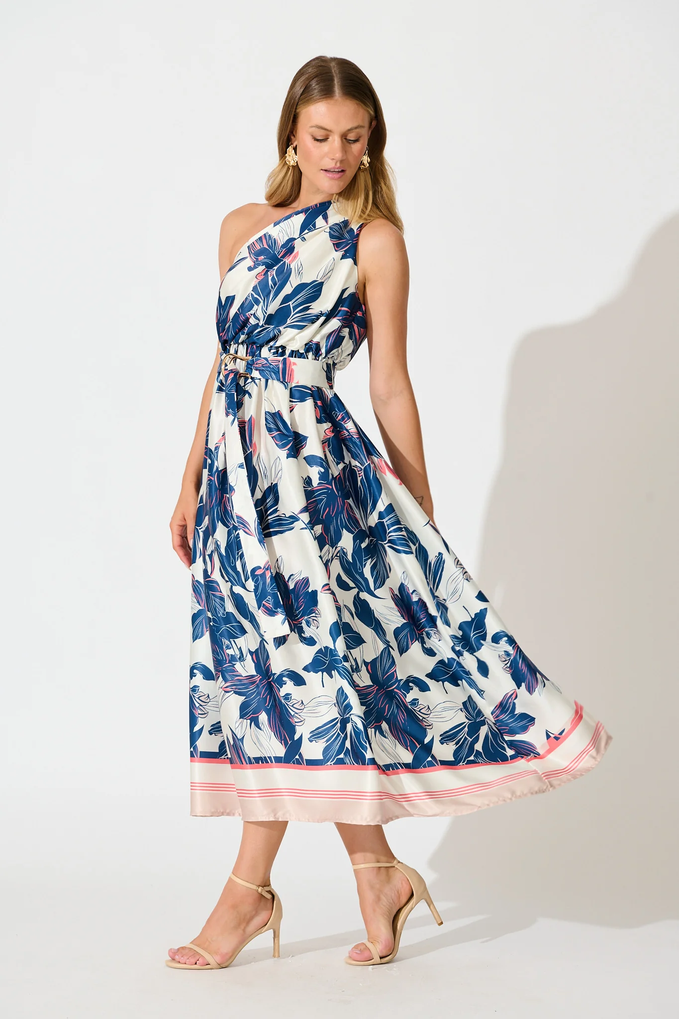 Bernadette One Shoulder Midi Dress In Navy Floral Satin - Image 3