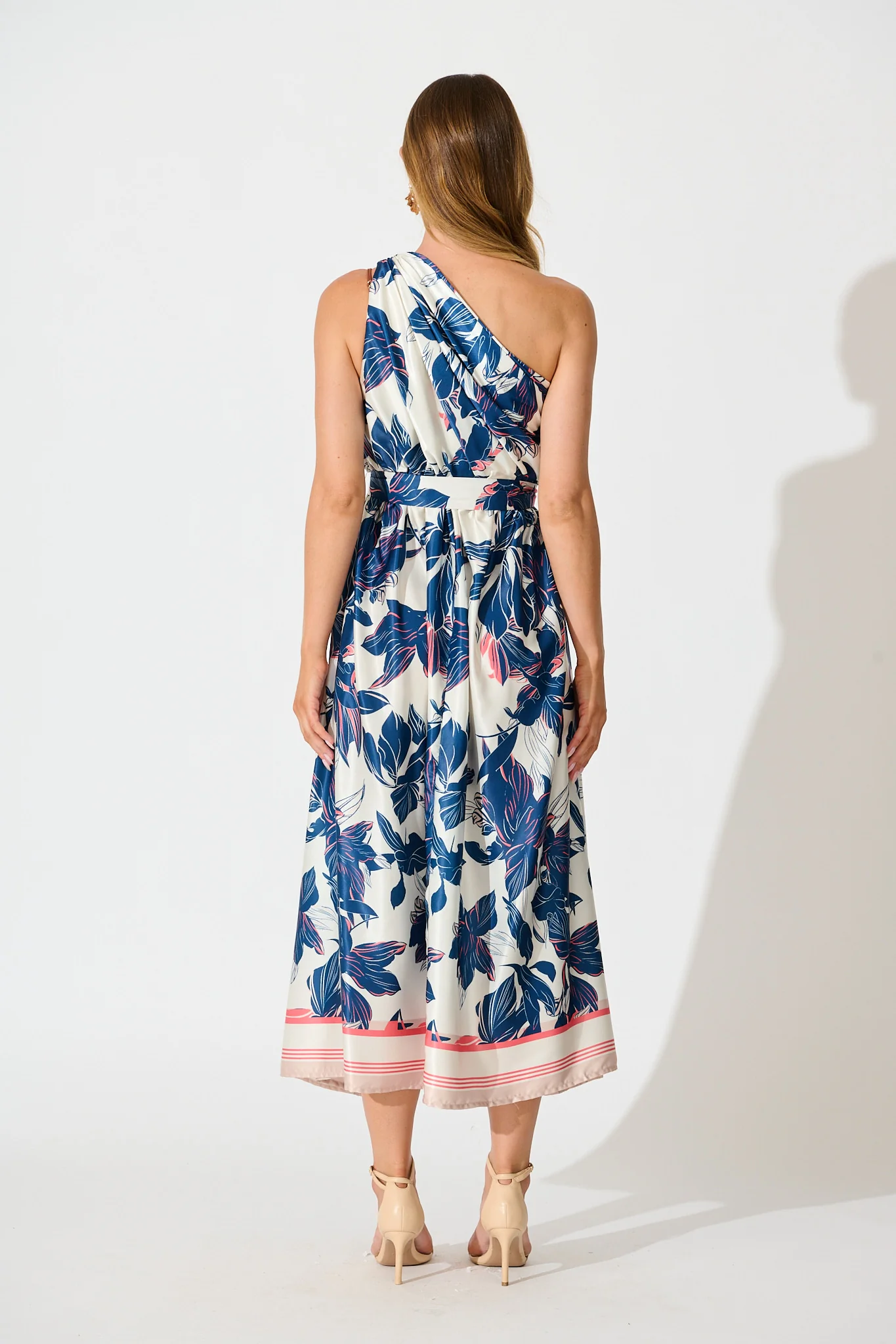 Bernadette One Shoulder Midi Dress In Navy Floral Satin - Image 4