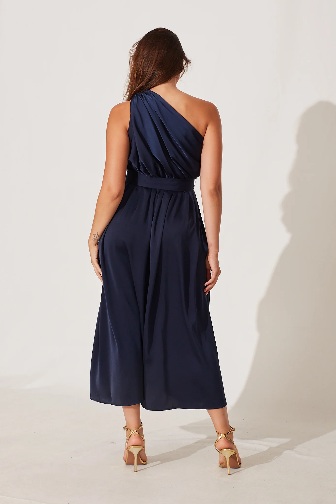 Bernadette One Shoulder Midi Dress In Navy Satin - Image 6