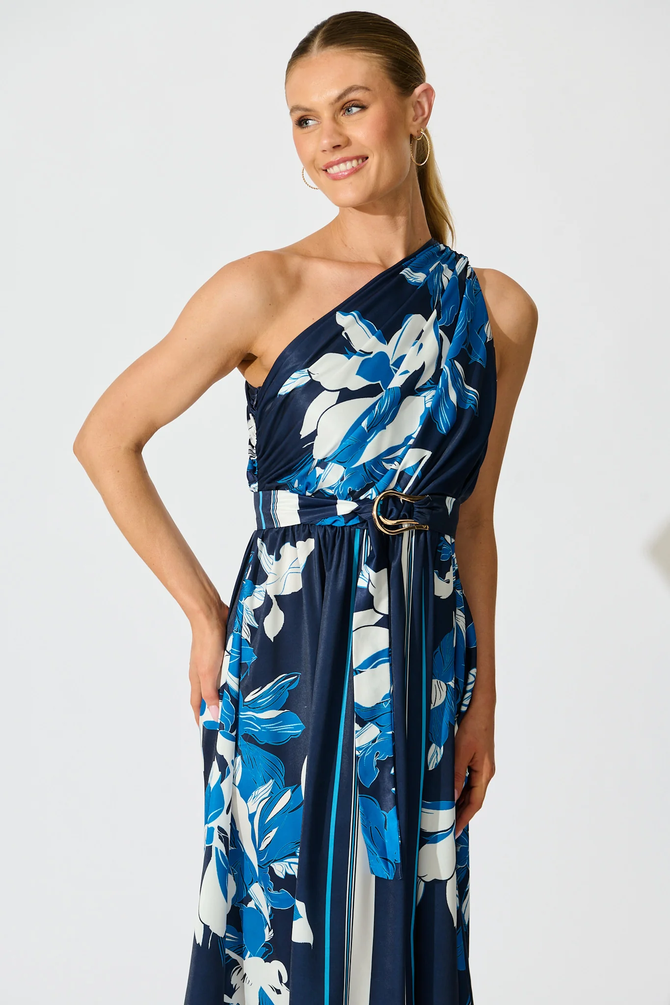 Bernadette One Shoulder Midi Dress in Navy with Floral Satin - Image 5