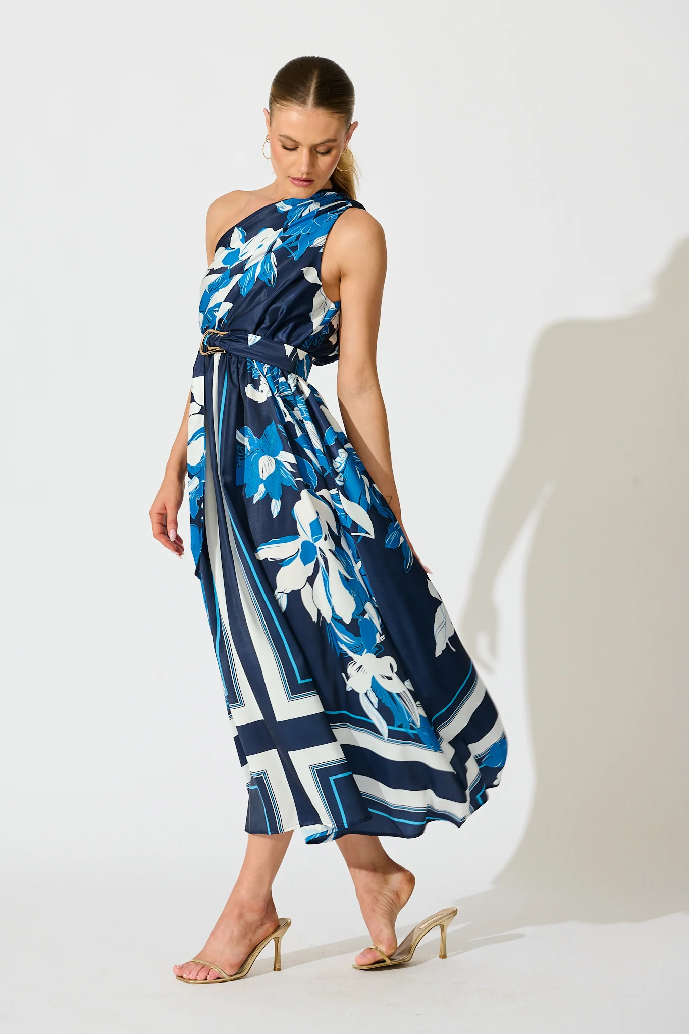 Bernadette One Shoulder Midi Dress in Navy with Floral Satin - Image 6