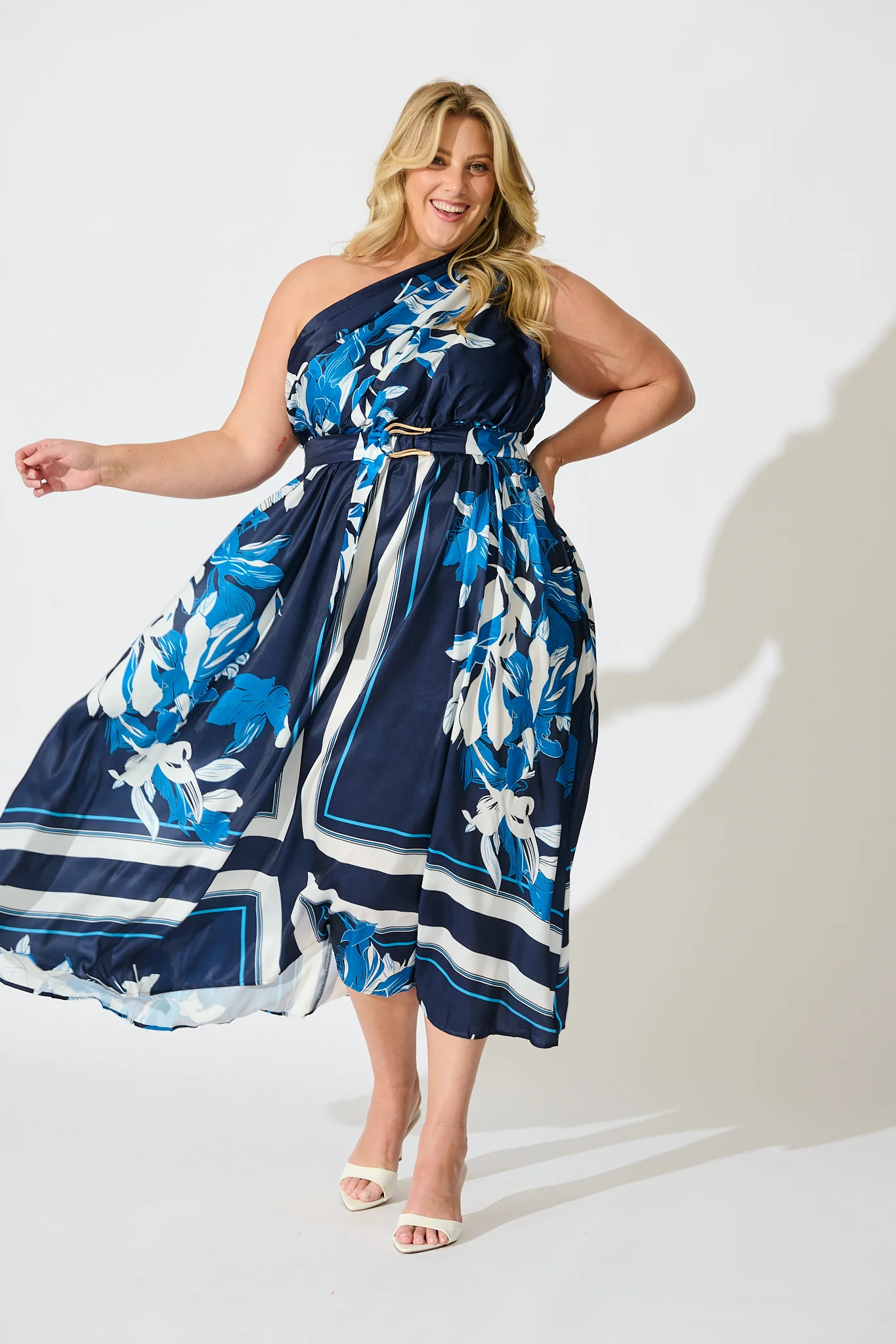 Bernadette One Shoulder Midi Dress in Navy with Floral Satin - Image 7