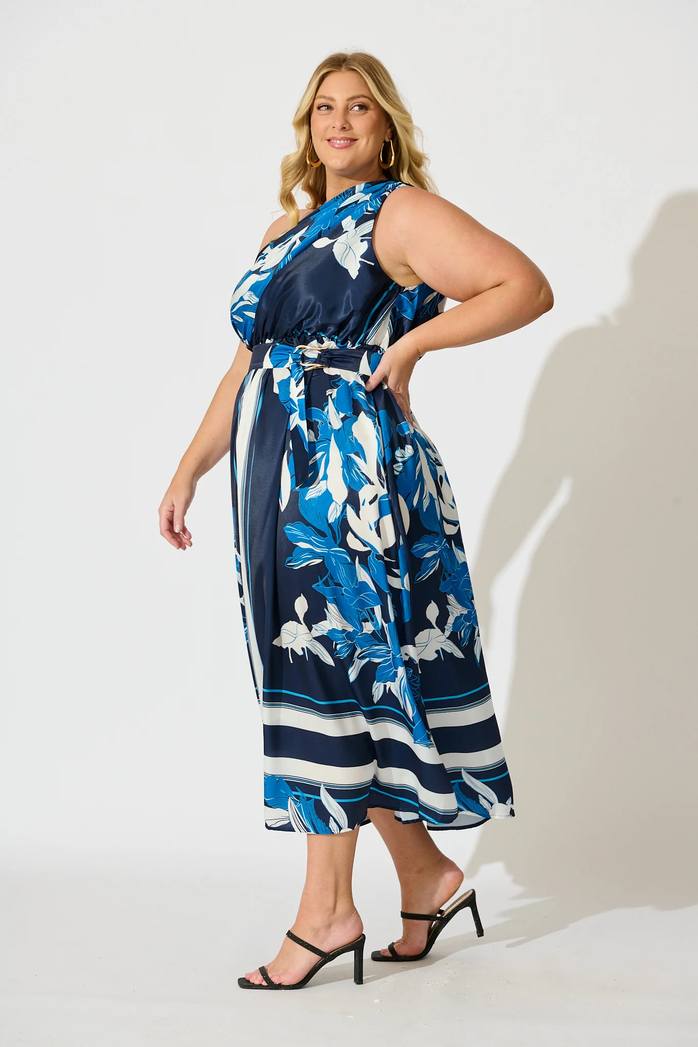Bernadette One Shoulder Midi Dress in Navy with Floral Satin - Image 8