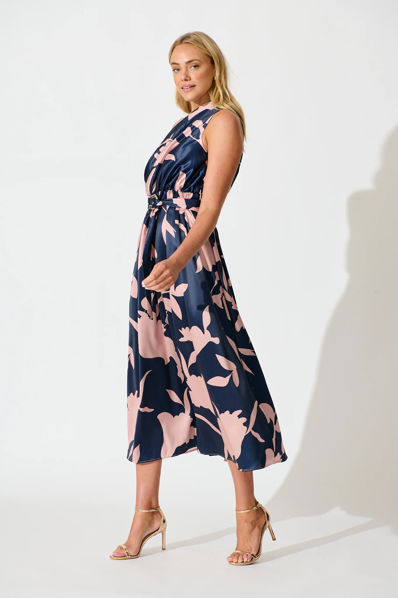Bernadette One Shoulder Midi Dress in Navy with Mocha Satin - Image 3