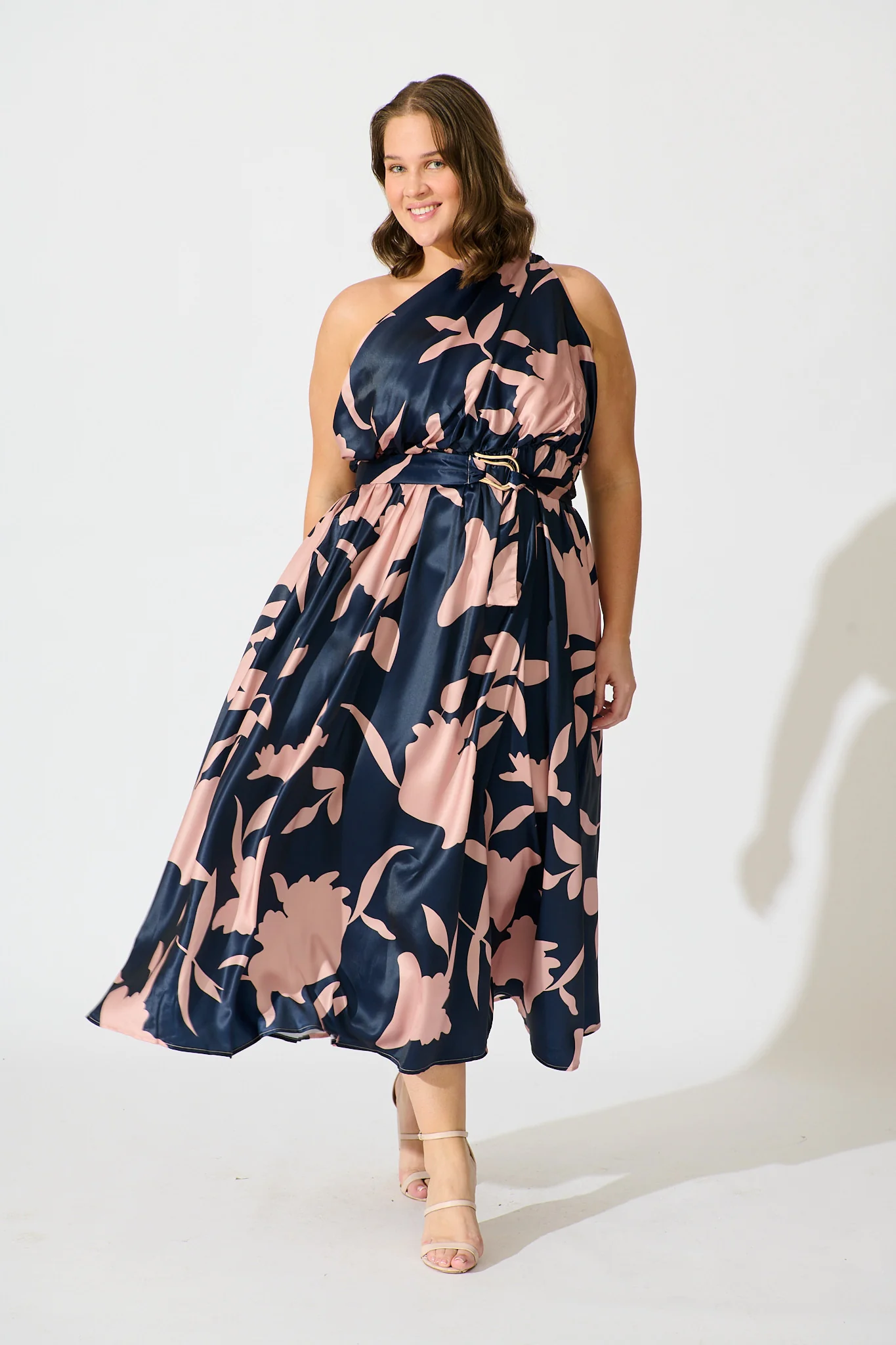Bernadette One Shoulder Midi Dress in Navy with Mocha Satin - Image 7